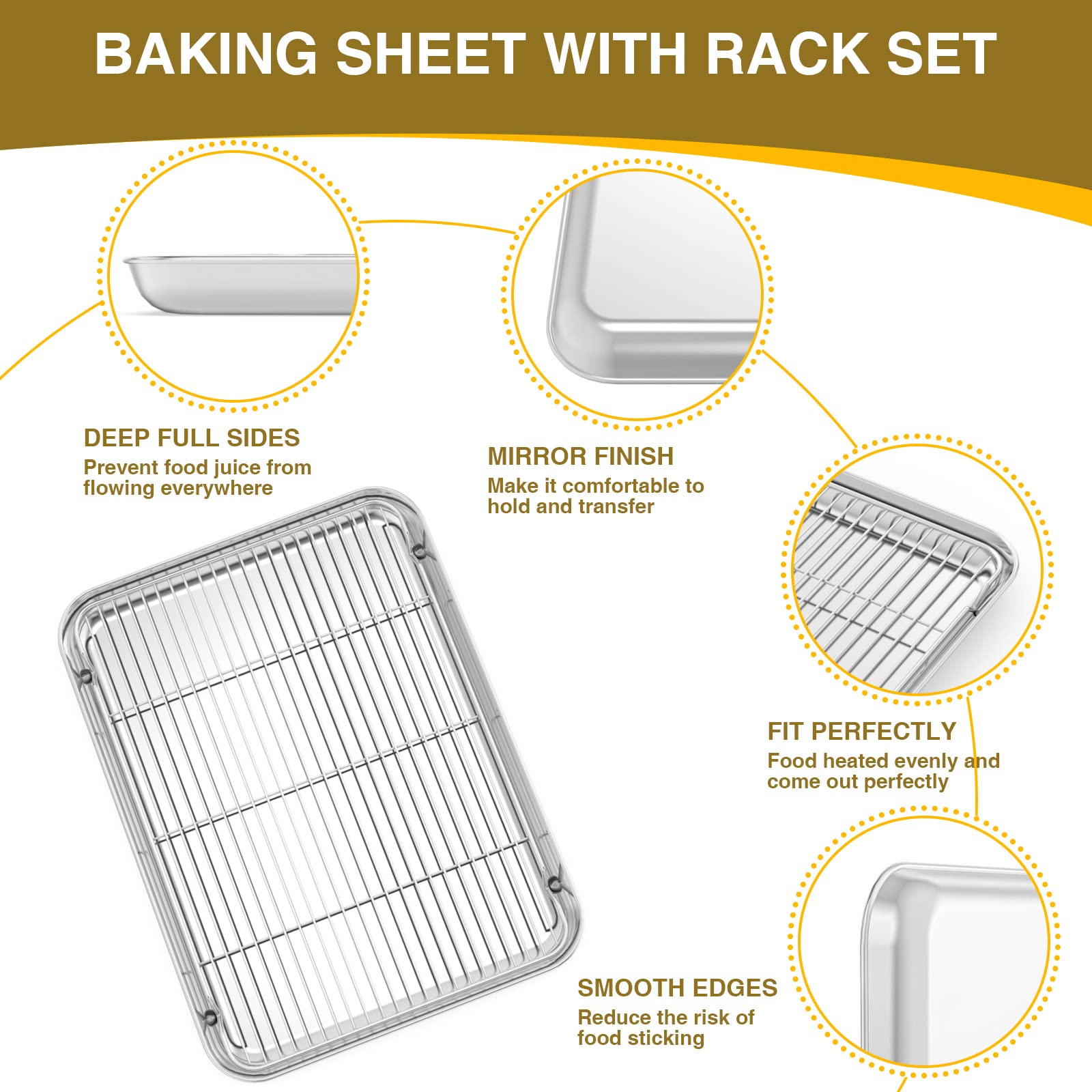 Wildone Baking Sheet Set with Rack, Stainless Steel, 3 Pans + 3 Racks, 16/12/9 inch, Silver, Model 8541879959