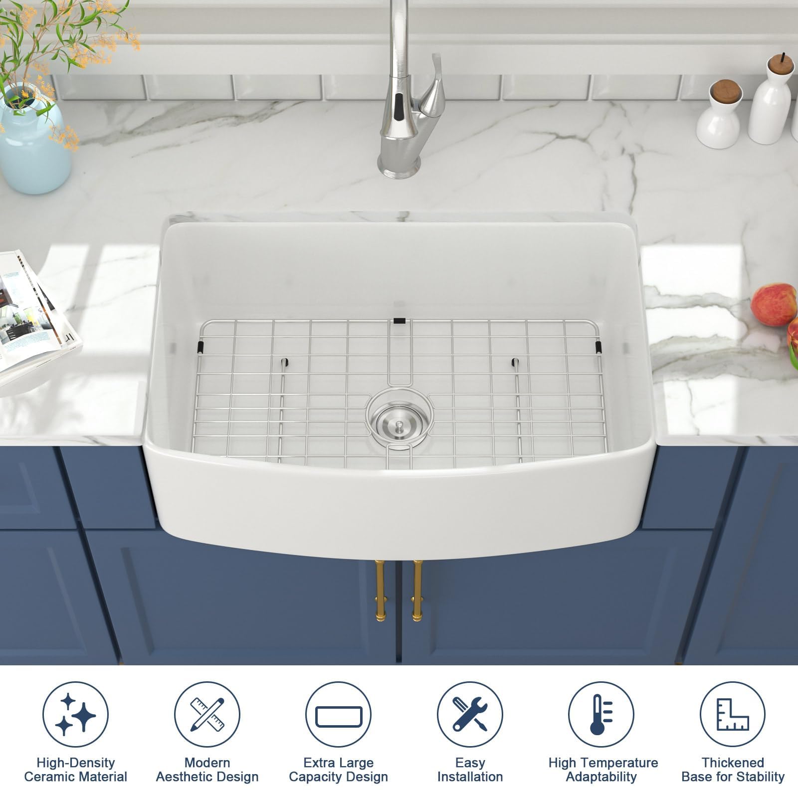 Lordear 30 White Farm Sink 30X19 Inch Farmhouse Sink White Fireclay Ceramic Porcelain Curved Apron Front Single Bowl Farm Kitche