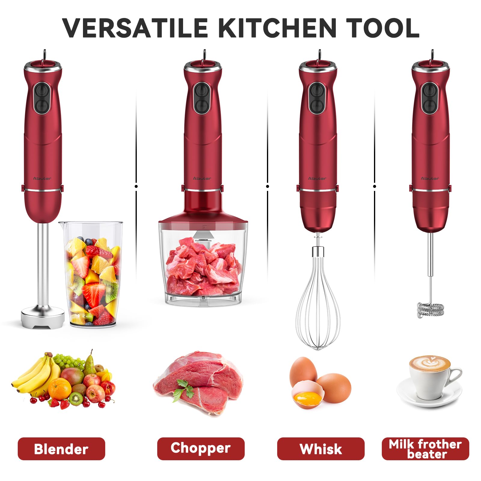 Abuler Immersion Blender 5 in 1, 1000W Hand Mixer, 12 Speed, 304 Stainless Steel, Red, Model HB-2035, with Beaker, Chopper