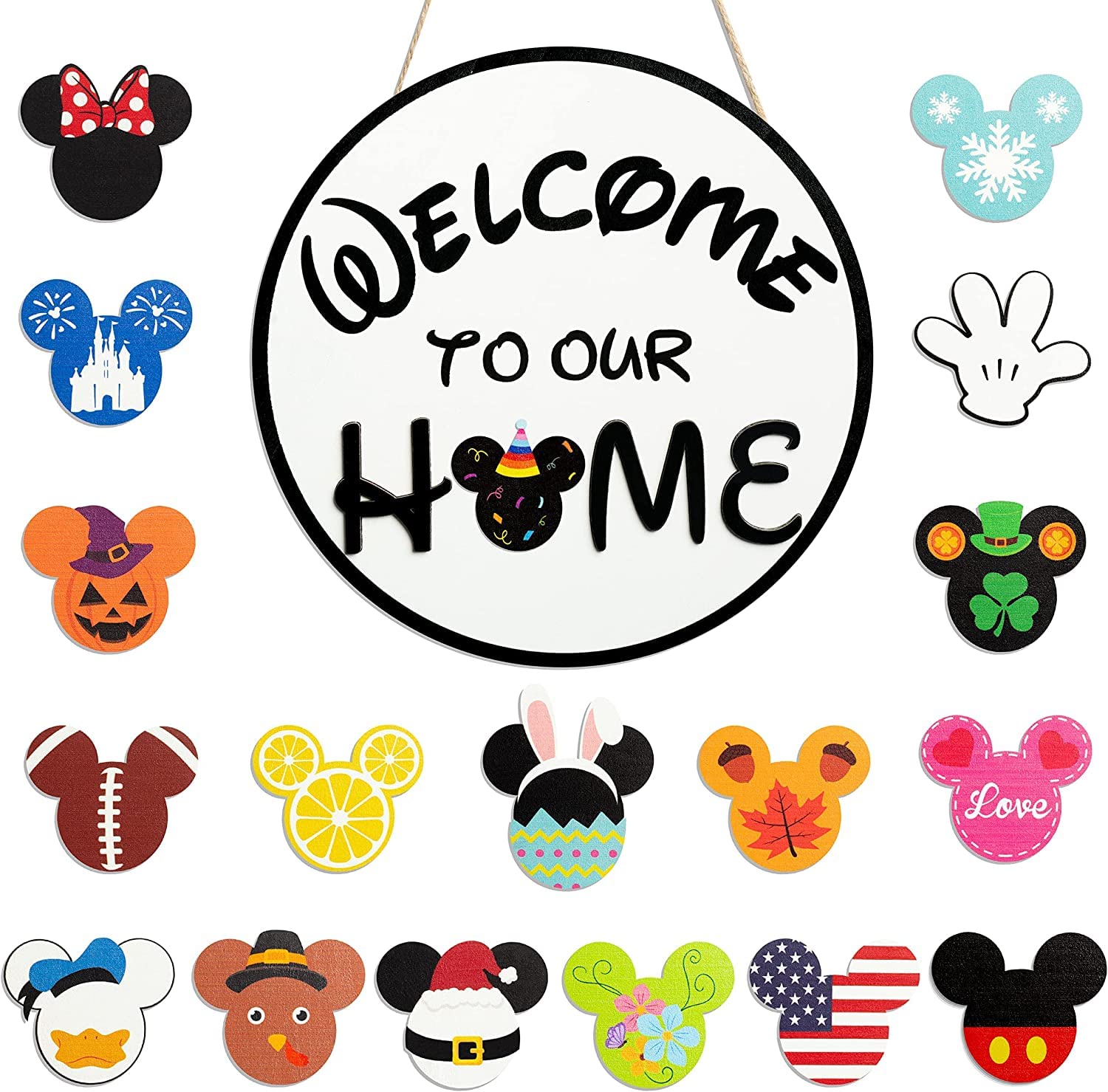 SUPYFD 19Pcs Cute Mouse Interchangeable Seasonal Welcome Door Sign for Front Door Decor, Welcome to Our Home Sign with Interchan