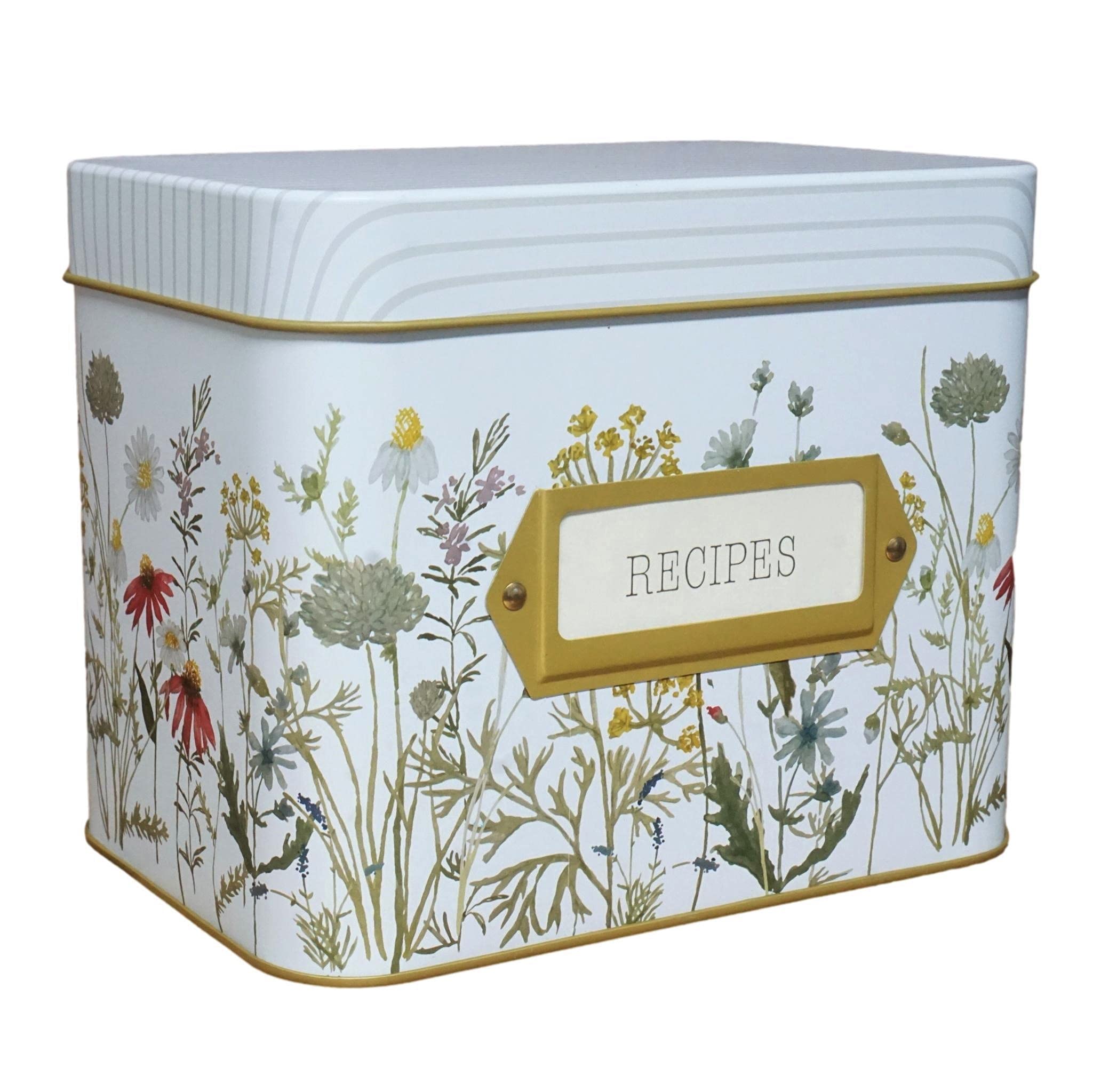 Sensory4U Tin Recipe Box Holder With Cards - Wildflower Print - Includes 100 4X6 Cards And 12 Dividers - Beautiful Decorative Ti