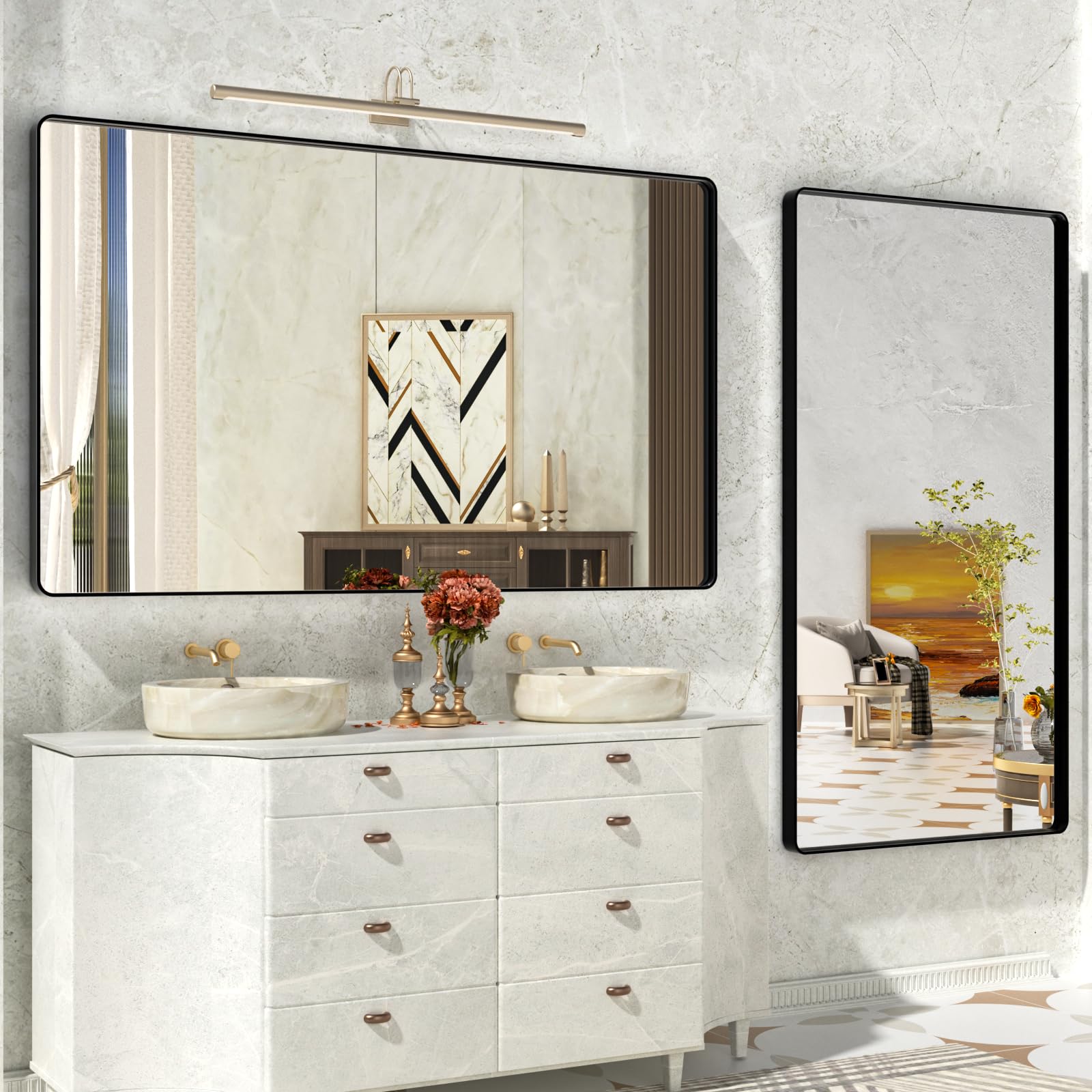Istripmf Bathroom Mirror Black,55X36 Inch Large Matte Black Bathroom Vanity Mirror,Rectangle Black Metal Framed Mirror For Wall,