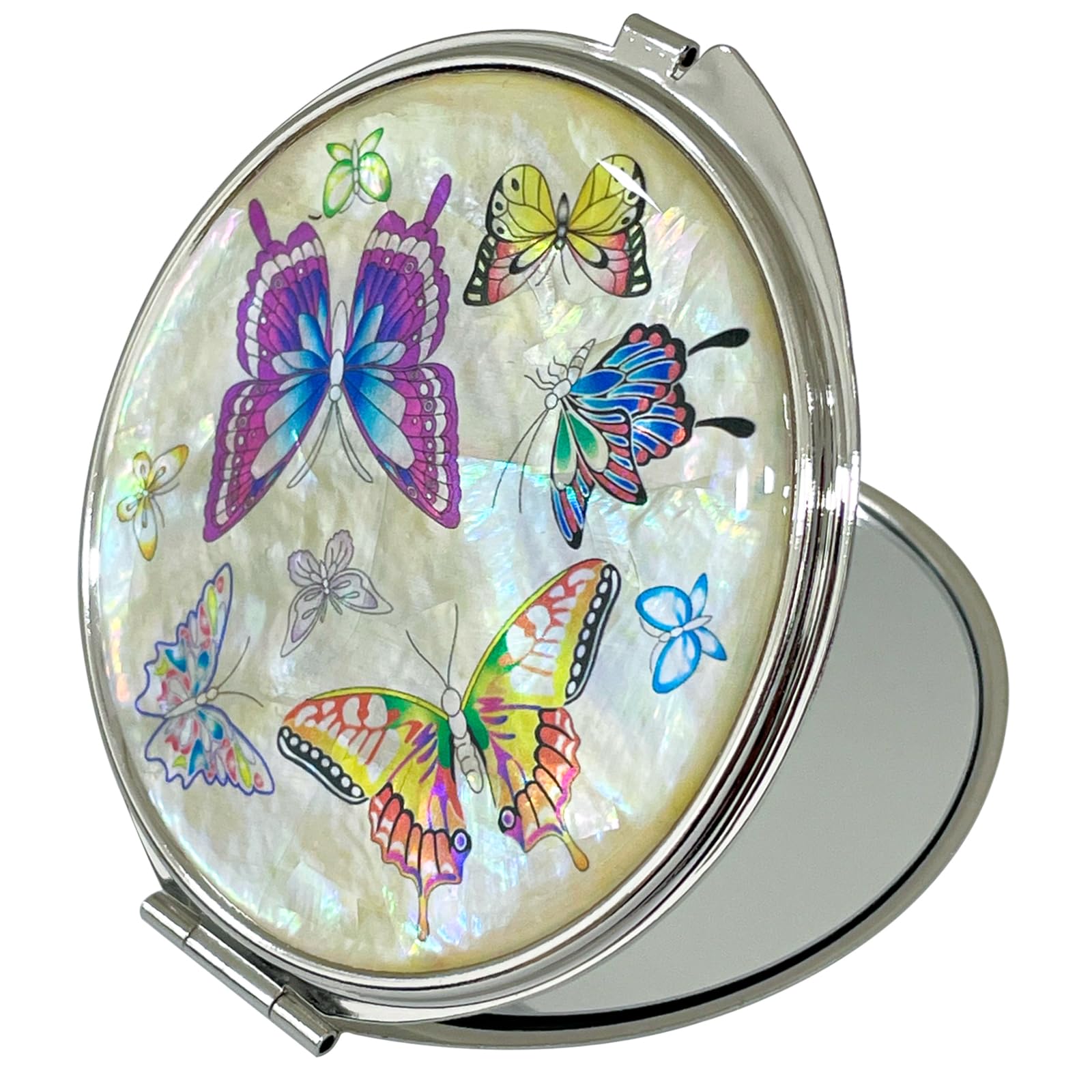 Nacreh Portable Makeup Compact Double Magnifying Mirror Cosmestic Foldable Pocket Style Unique Mother Of Pearl Design (Butterfly