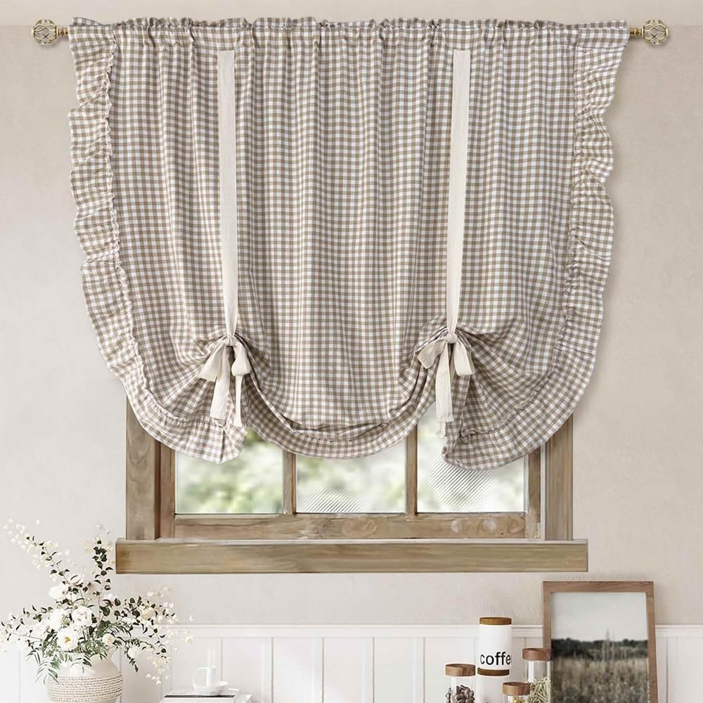 Yipinxiu Light Brown Charming Buffalo Check Pattern Sheer Tie Up Balloon Curtain Valance For Kitchen Liftable Ruffled Roman Blin