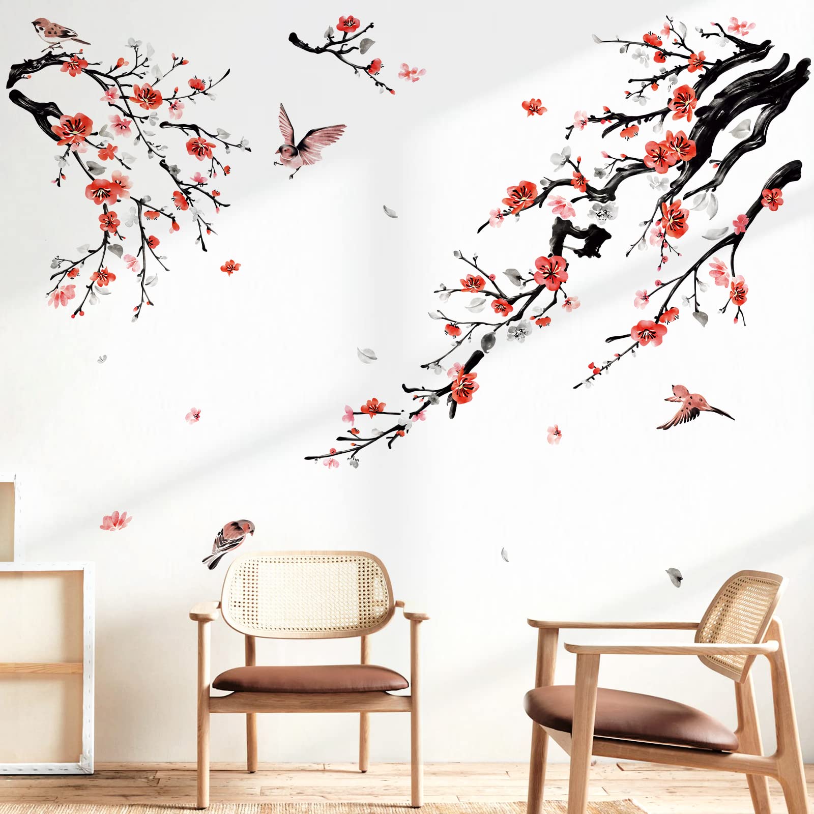 Wondever Watercolor Flower Tree Branch Wall Stickers Blossom Red Floral Birds Peel And Stick Wall Art Decals For Living Room Bed