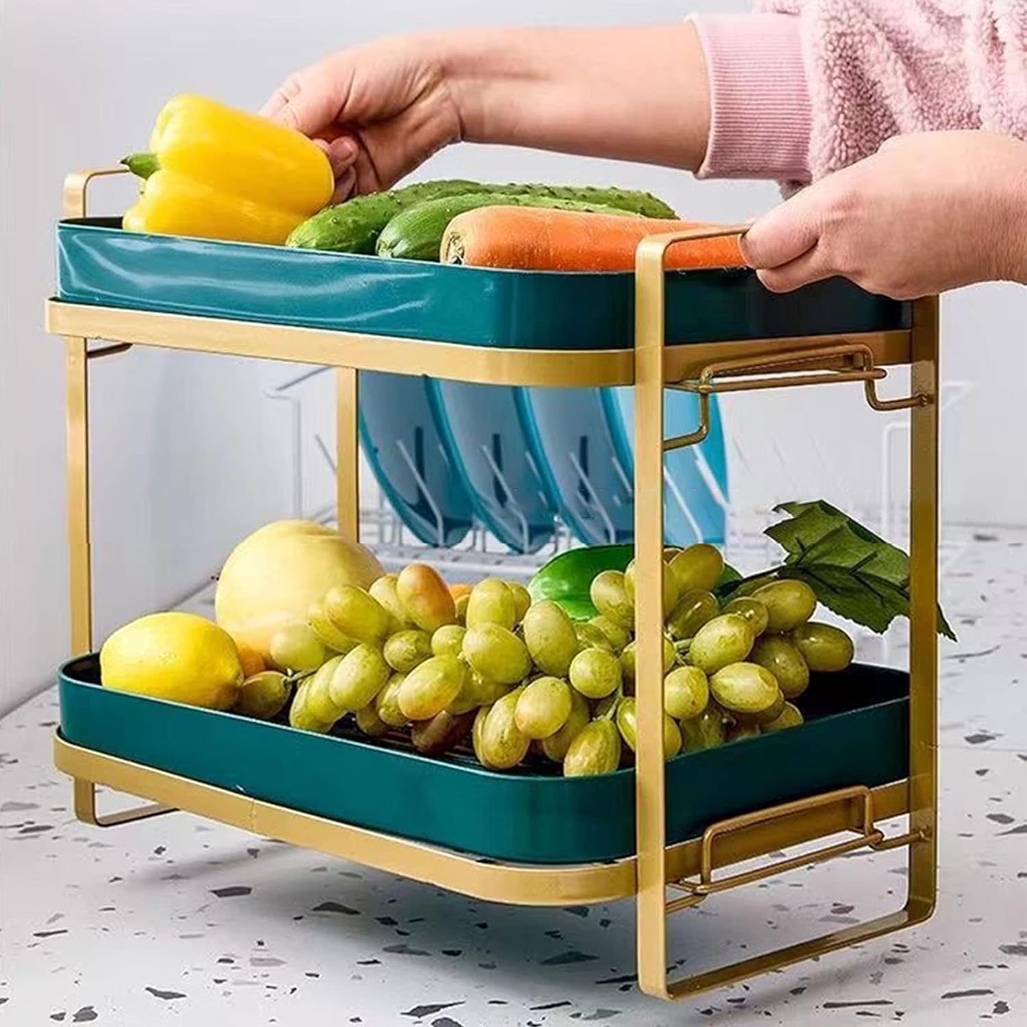 Dhadh 2 Tier Dish Drying Rack With Drip Tray, Gold Bottle Holder, Kitchen Organizer, Bathroom Countertop