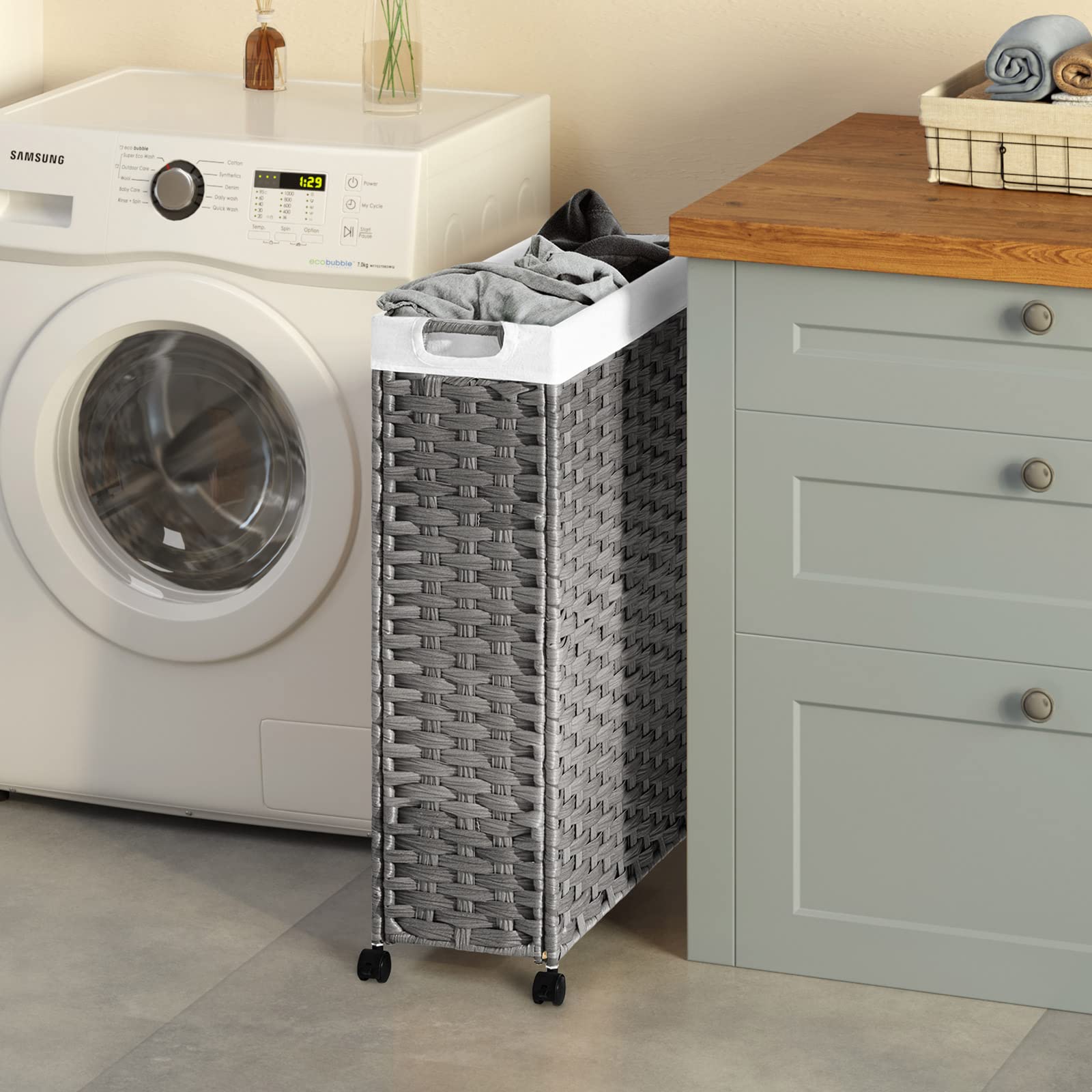 Greenstell Laundry Hamper with Wheels  50L Slim Laundry Basket with 2 Removable Liner Bags & 2 Mesh Bags  Narrow Dirty Clothes Basket  Handwoven Synthetic Rattan Organizer in Bathroom  Bedroom  Grey