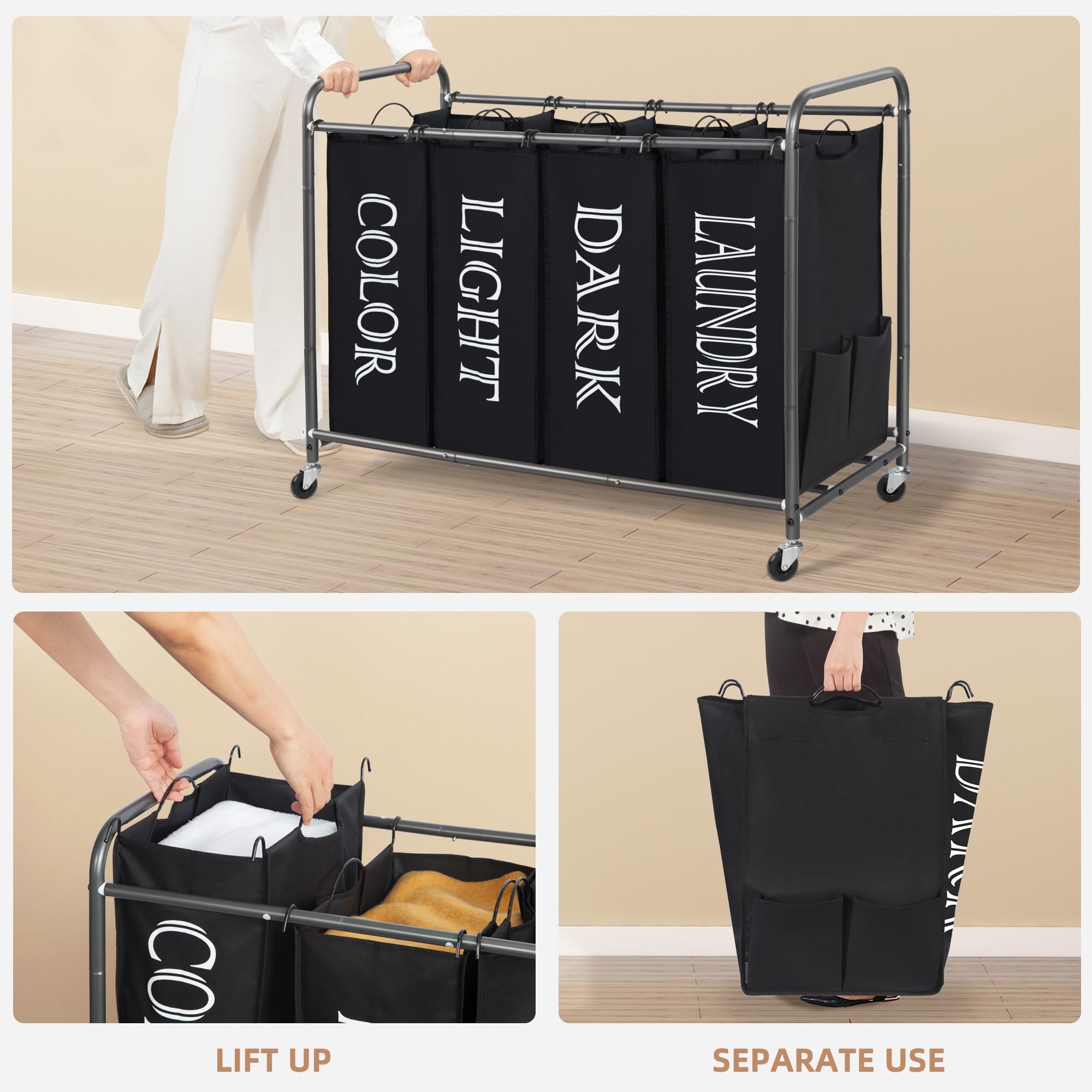 STORAGE MANIAC Laundry Sorter  Divider with Side Pockets  Multi Separator Hamper Removable Bags and Rolling Lockable Wheels  Organizer Hamper  4 Section Black