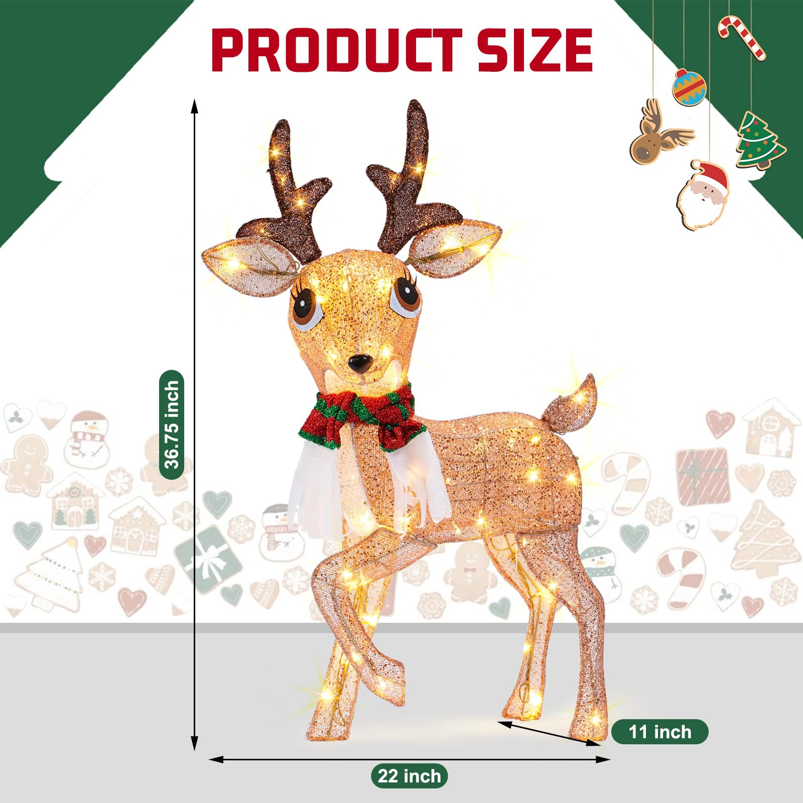 37 Inch Lighted Christmas Deer, 60 LED Pre-lit Lighted Christmas Deer Outdoor Decorations, Plug-in Deer Christmas Decor for Yard