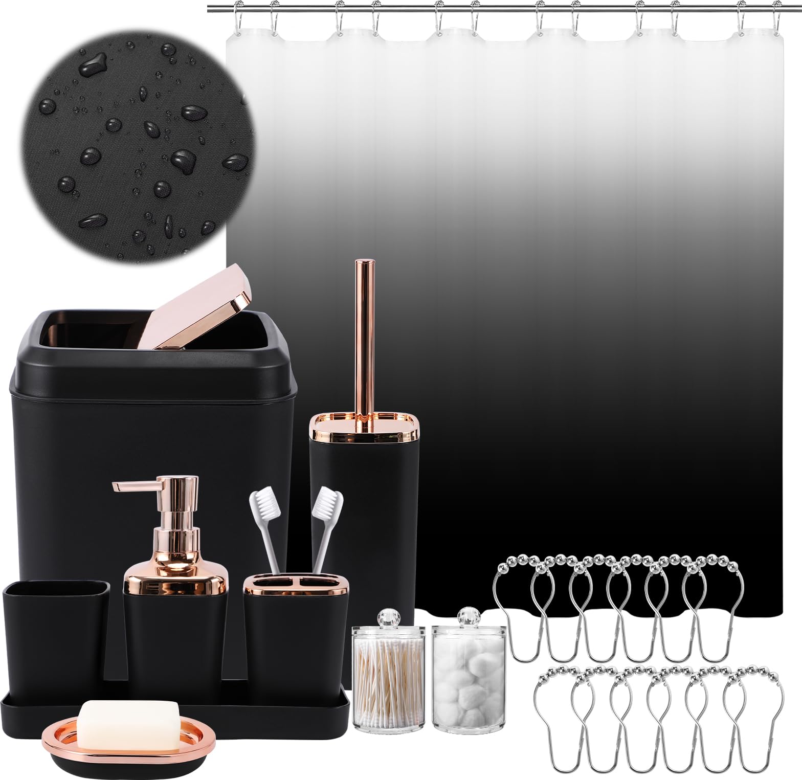Bathroom Accessory Set - Bathroom Sets With Shower Curtain, Black Ombre Waterproof Shower Curtain With Stainless Steel Hooks, Ba