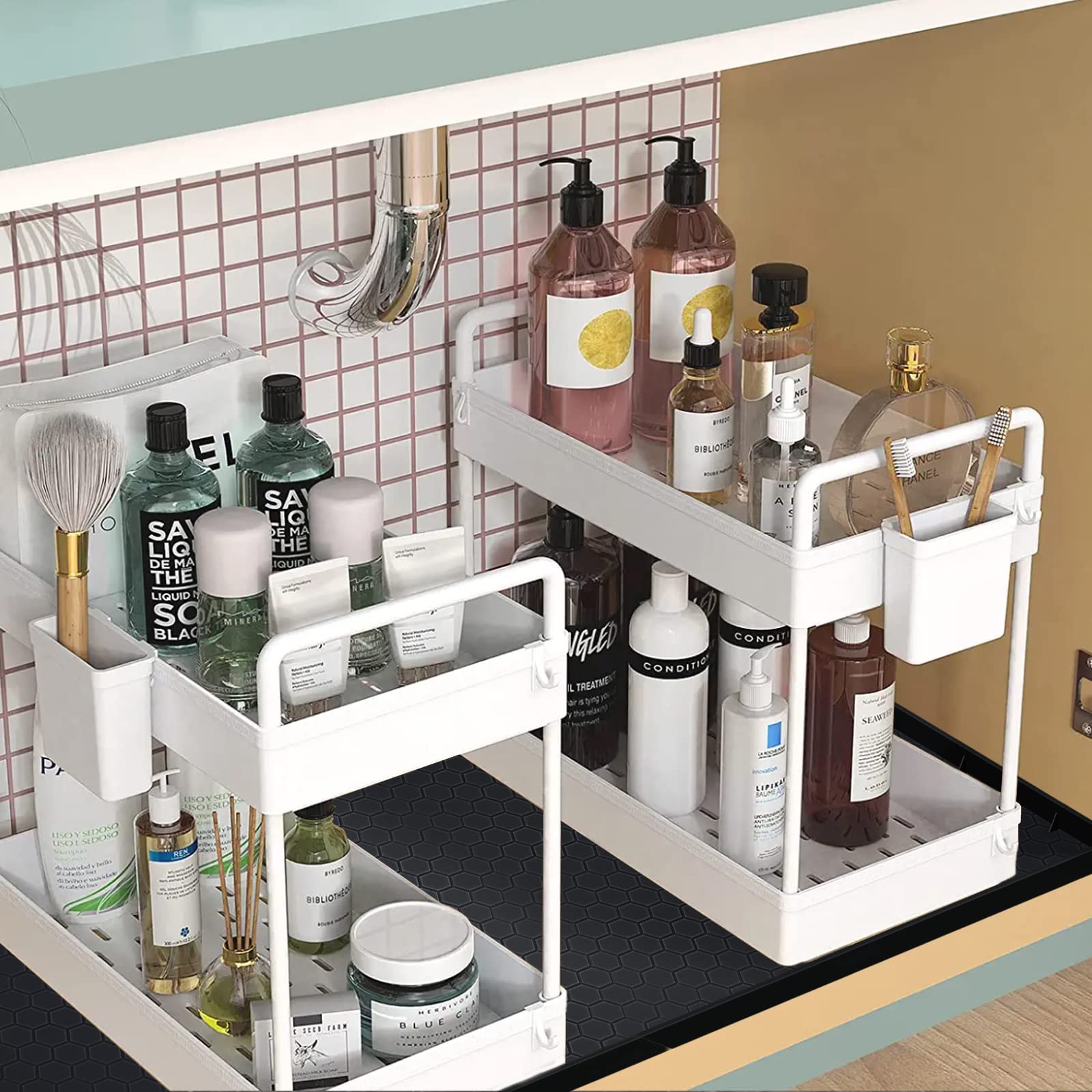 Under Sink Mat for Kitchen Waterproof  34'' x 22'' Silicone Under Sink Liner Mat with Drain Hole  Kitchen Bathroom Cabinet Liner Holds Over 2.2 Gallons  Under Sink Tray for Drips  Leaks  Spills(Black)