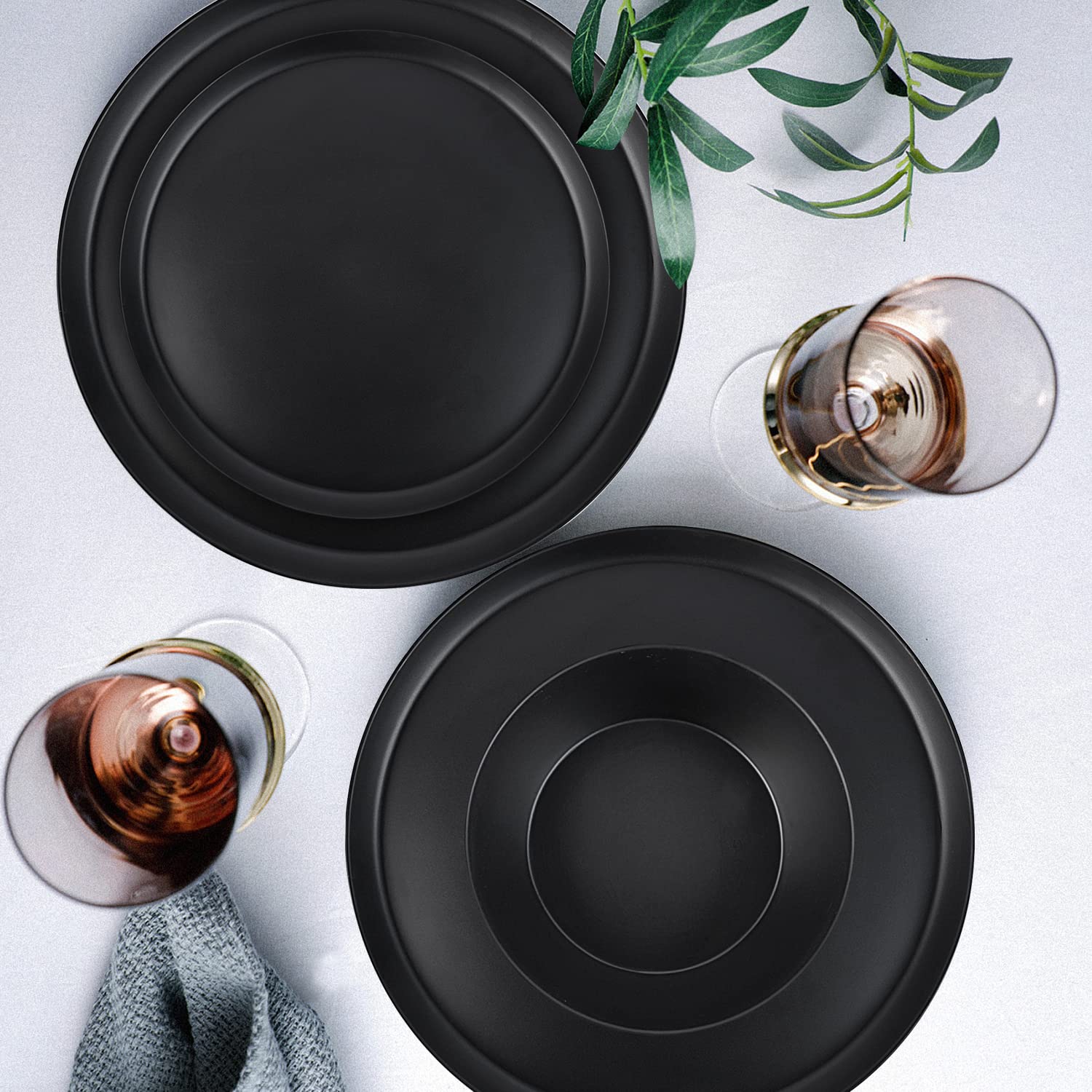Afcevnlb 12-Piece Plastic Dinnerware Set Plates And Bowls Sets Service For 4 Matte Black Melamine Plates Unbreakable Plastic Out