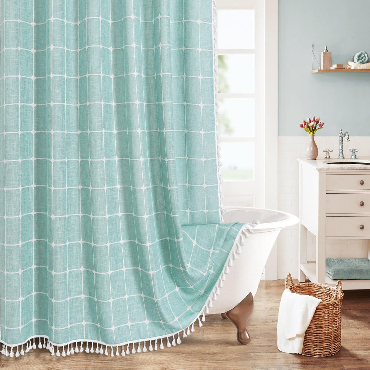 Mitovilla 72 X 84 Teal Blue Boho Extra Long Shower Curtain, Turquoise Farmhouse 84 Inch Xl Cotton Linen Texture Tassel Fabric Sh