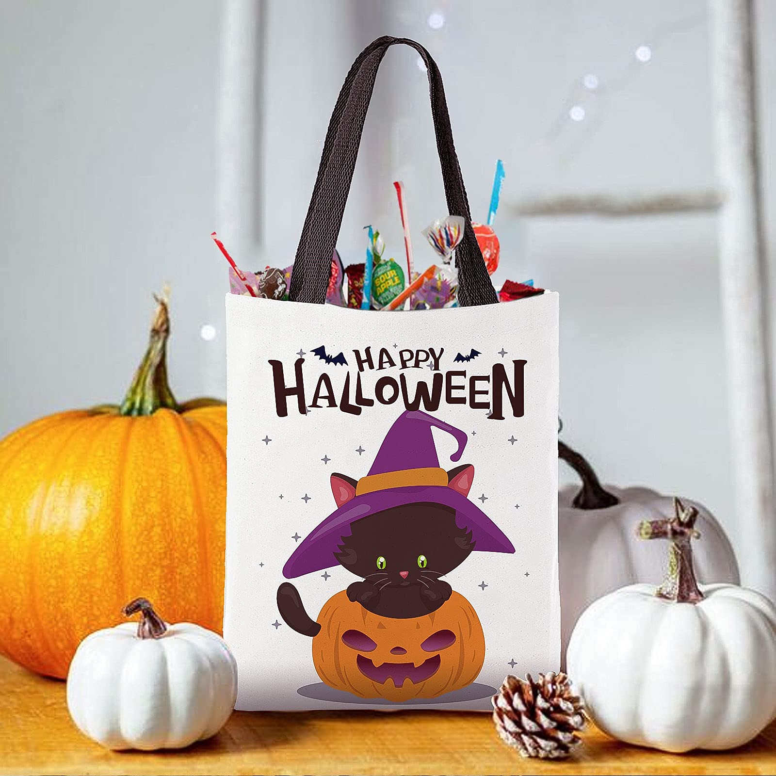 Atfunshop Halloween Tote Bag Trick Or Treat Bag Black Cat Pumpkin Canvas Bags 15.7 X 11.8'' - Reusable Large Halloween Treat Bag