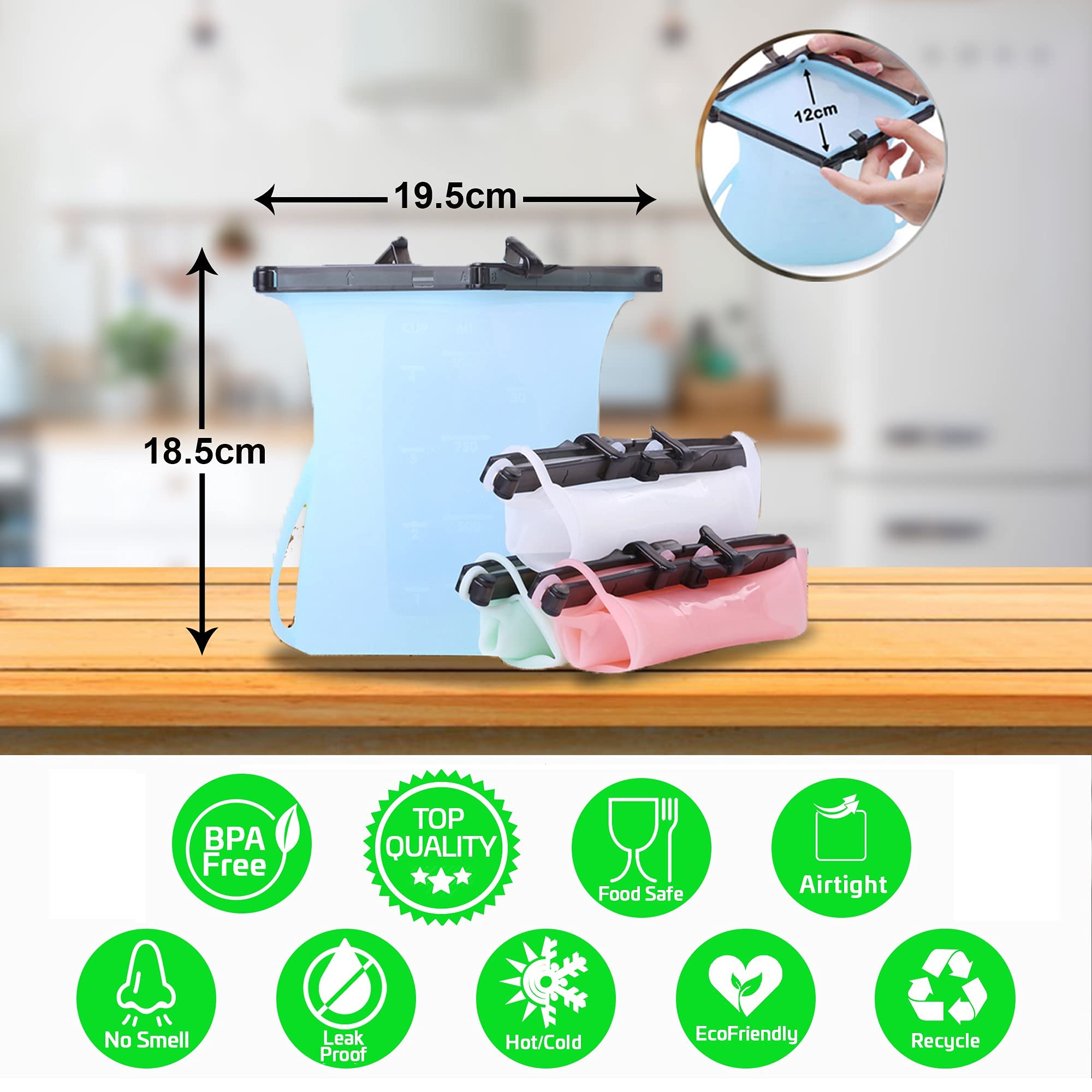 Reusable Silicone Food Storage Dishwasher Safe Food Bags Stand-Up (4 x 33 Oz) Microwave Freezer Bag