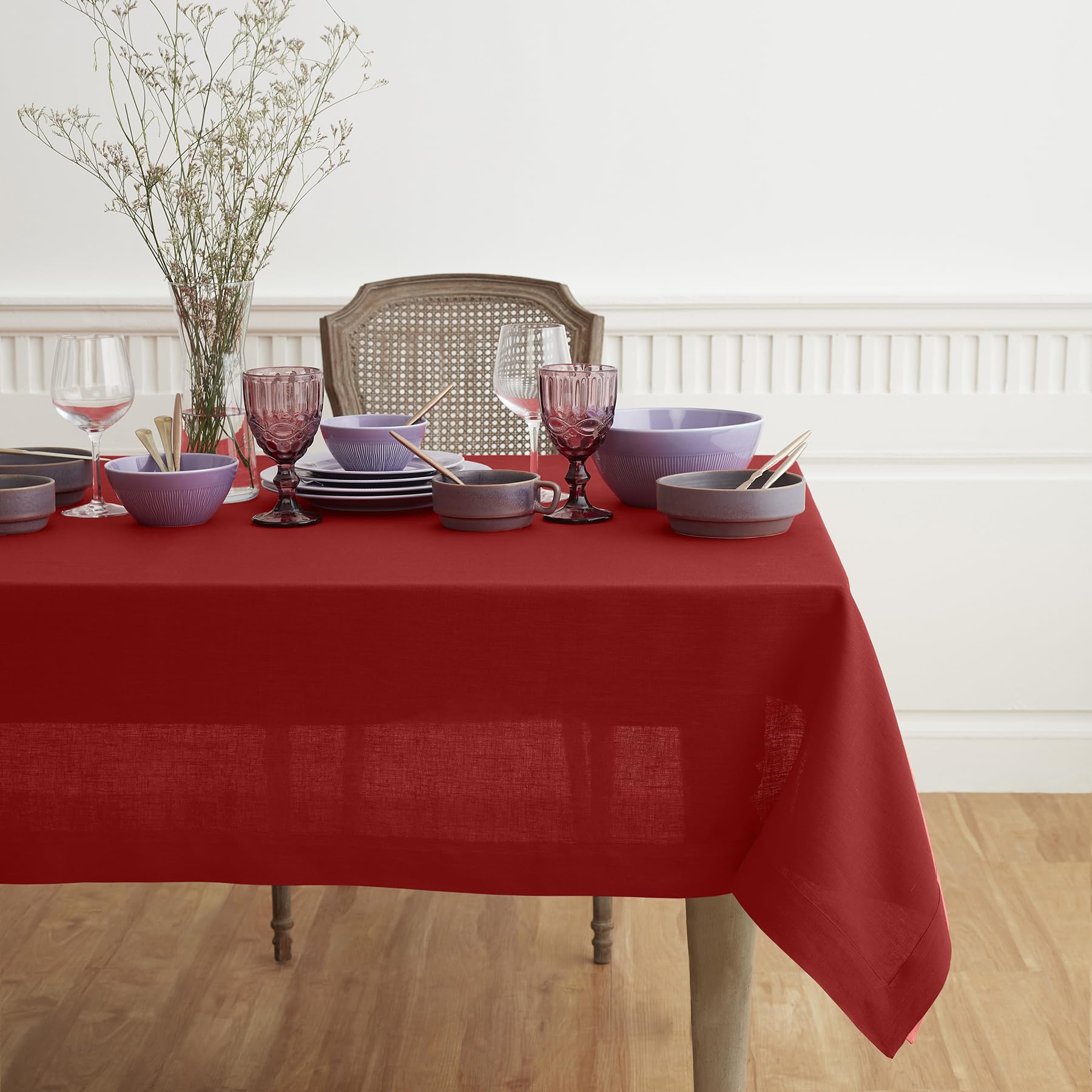 Solino Home Red Linen Tablecloth 102'' L X 60'' W Inch - Fete, 100% Pure Linen Table Cloth For Rectangle Tables - Machine Washab