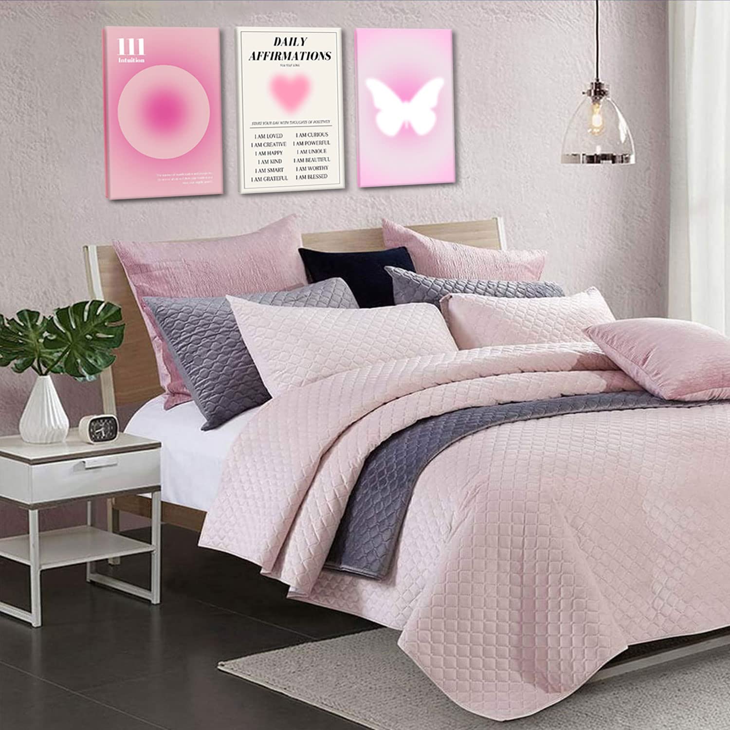 Pink Canvas Wall Art Set Of 3 - Abstract Halo Angel Number Positive Energy Motivational Wall Decor - Ideal For Living Room, Bedr