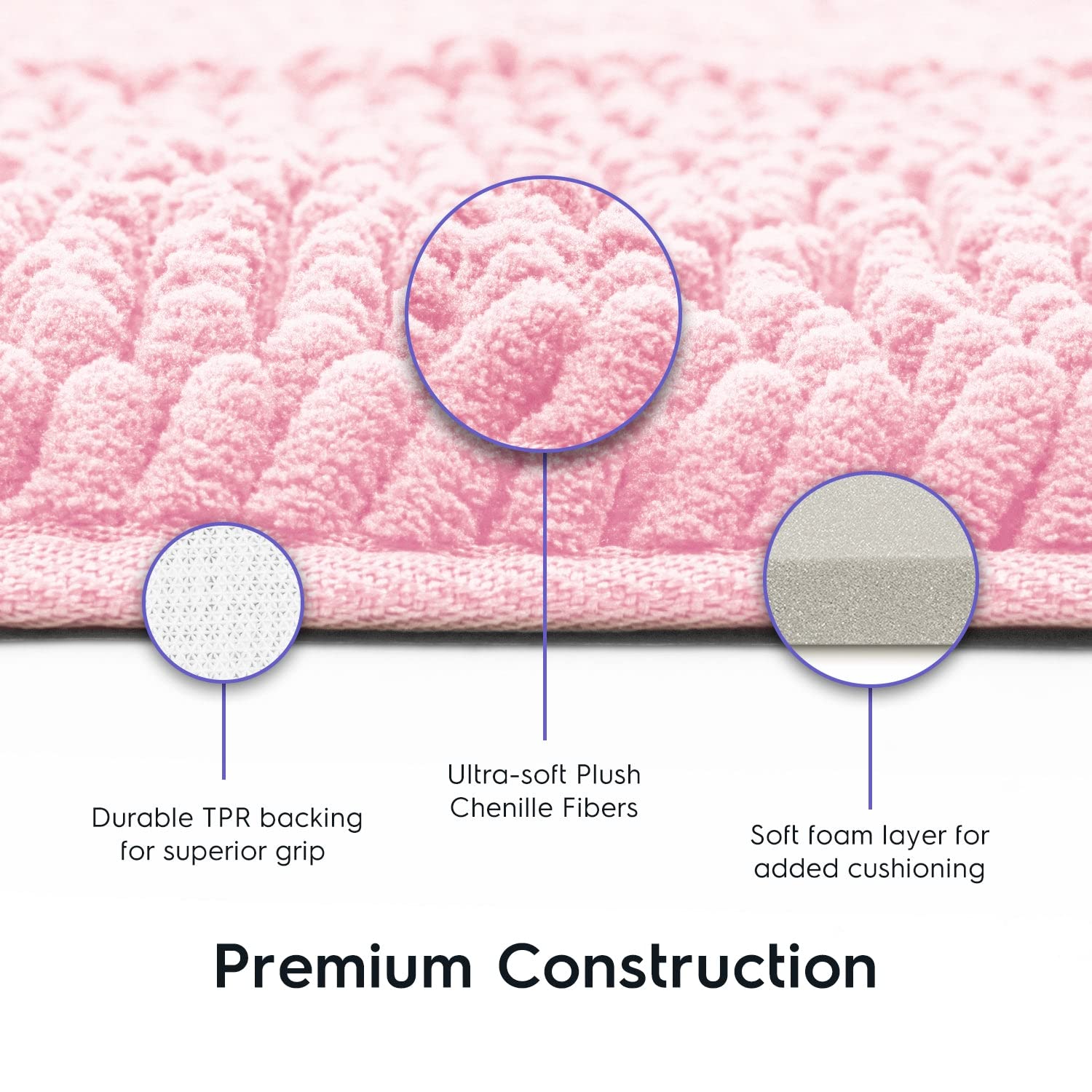 Tafts Bathroom Rug, Chenille, Low Pile, Non Slip, Light Pink, 21 X 47 Inches