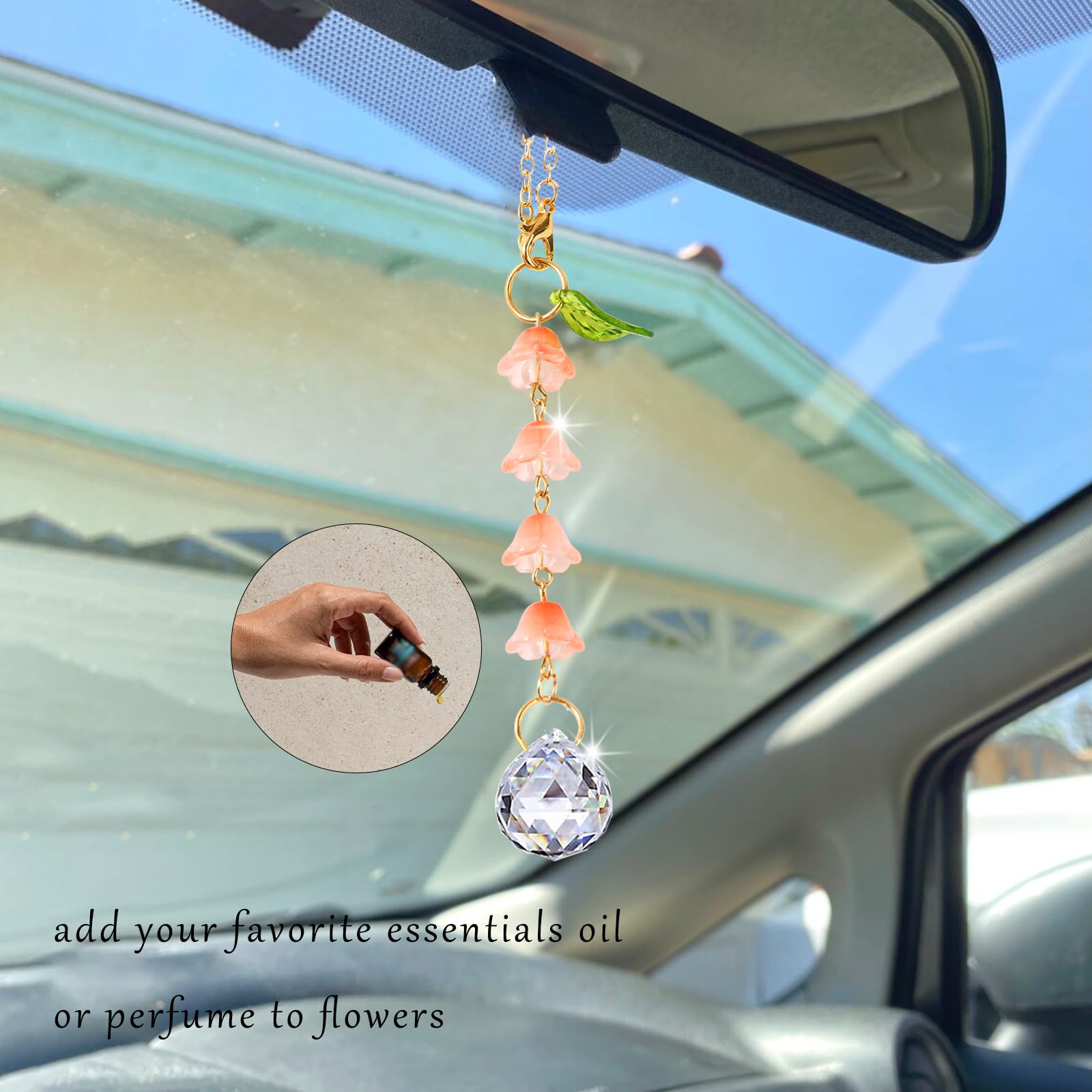 BYXVSBYS Sun Catcher Car Accessories Hanging Glass Lily of The Valley Rear View Mirror Accessories Cute Car Mirror Decor for Wom