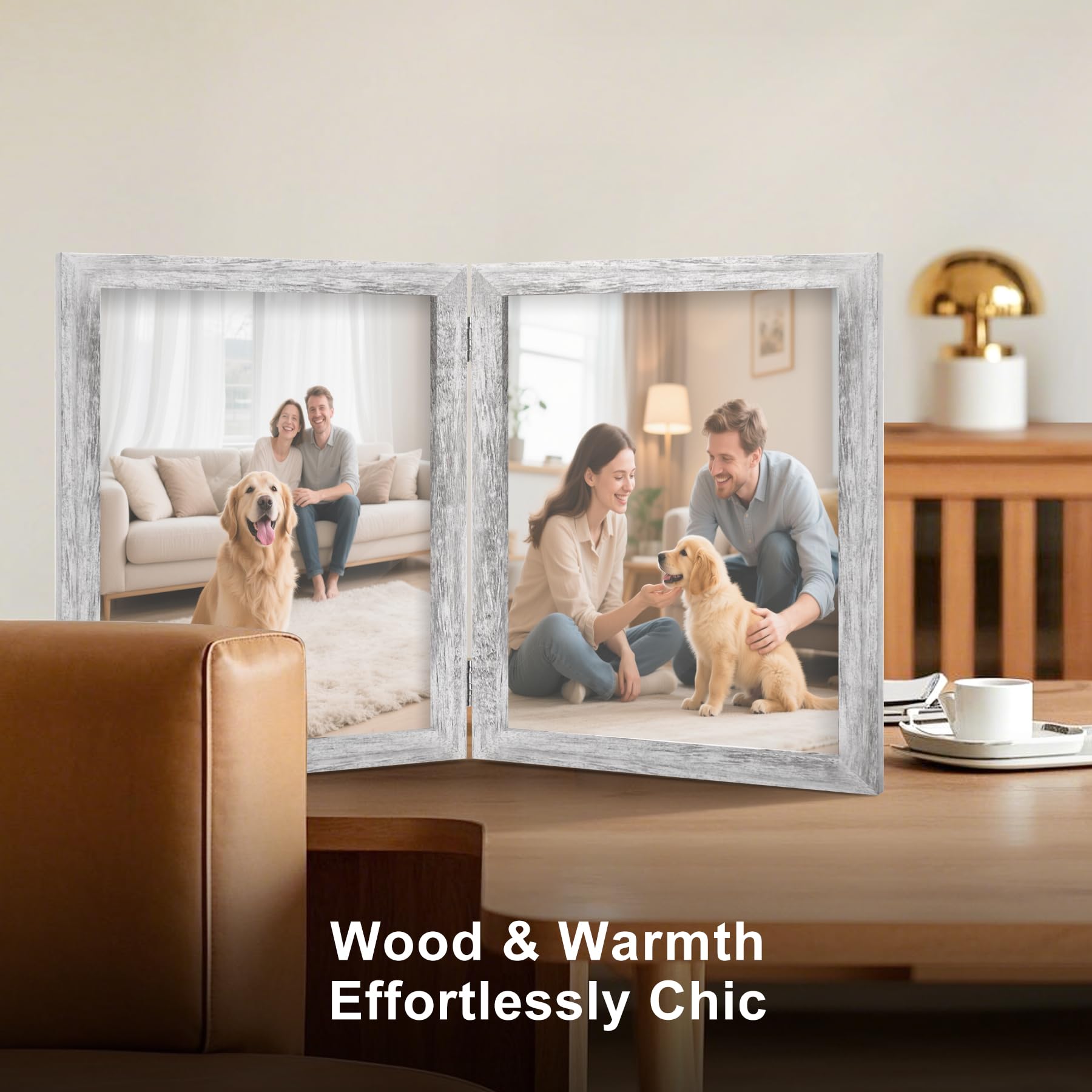 8x10 Double Picture Frame Wooden Hinged Photo Frame Definition Glass Stand Vertically on Desktop or Tabletop Distressed White
