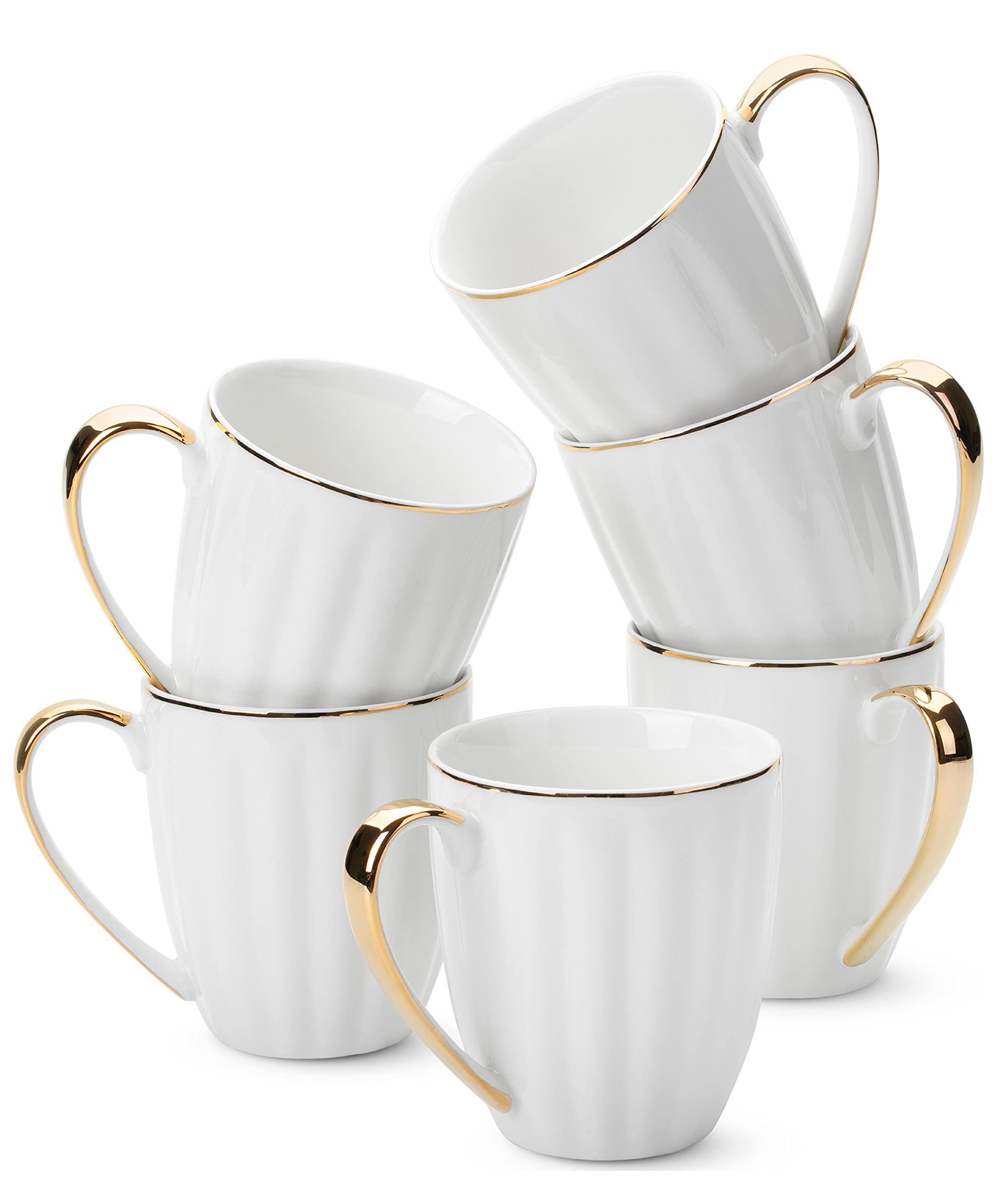 BTaT- White Coffee Mugs Set of 6 (12 oz), Porcelain White Coffee Mug Set with Gold Trim Design, Christmas Gifts