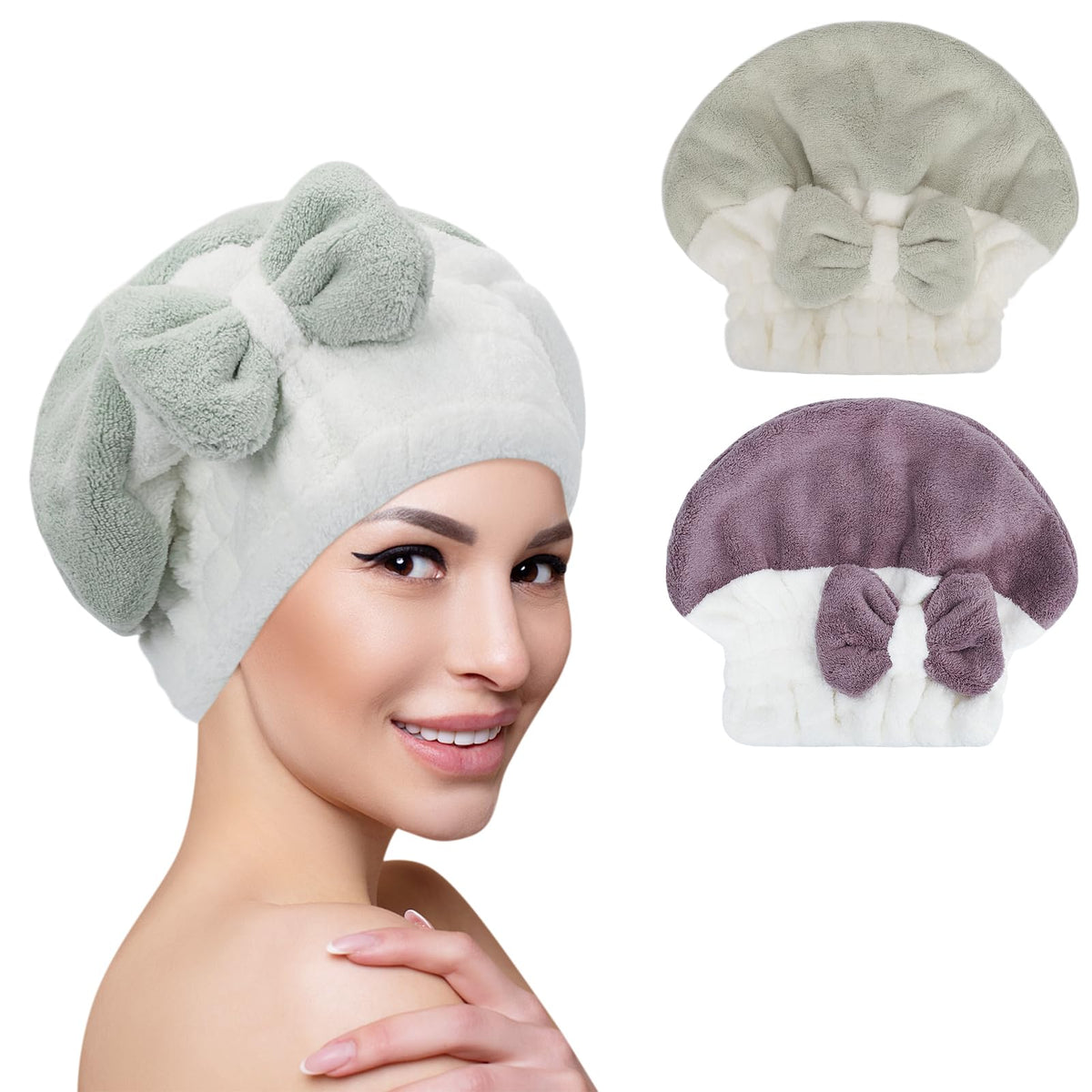 Unaone 2 Pack Microfiber Hair Drying Towels, Super Absorbent Turban Hair Towel Cap, Quick Dry Head wrap with Bow-Knot Shower Cap