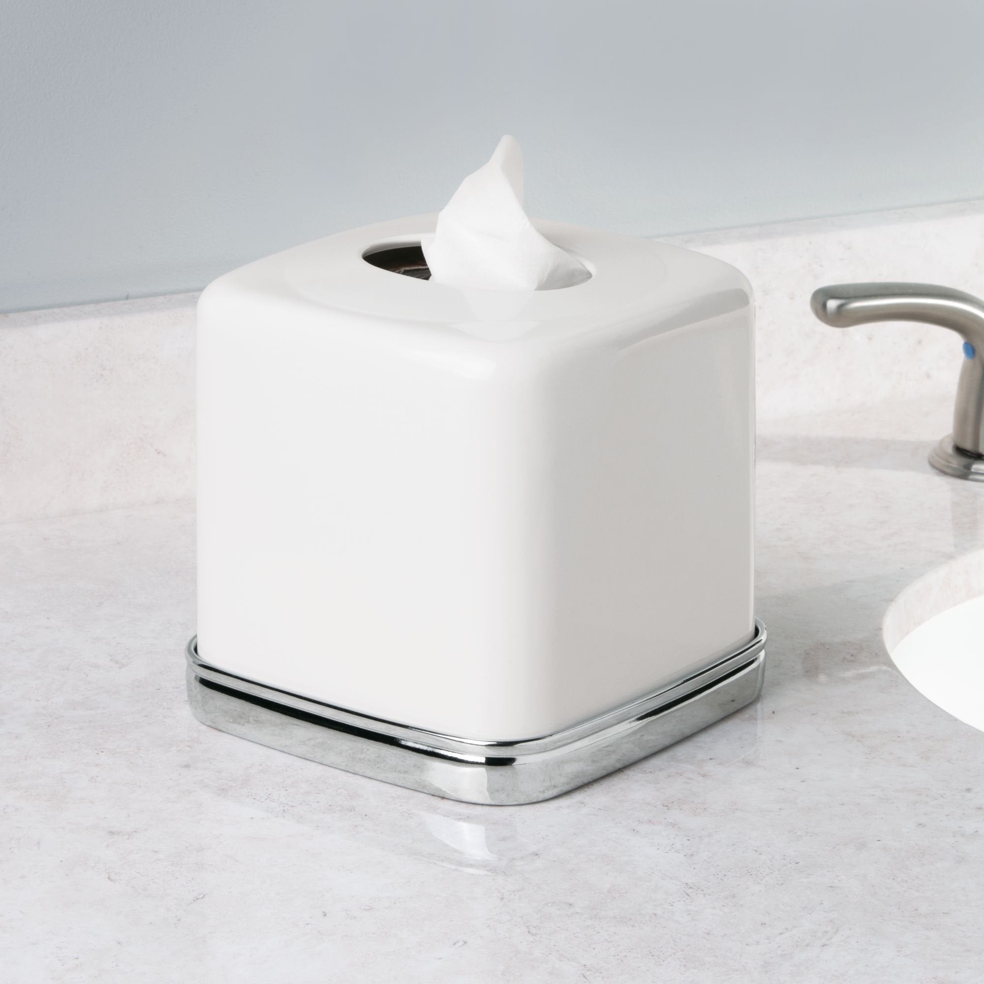 Idesign York Facial Tissue Box Cover, Vintage Holder For Bathroom Vanity Countertops, 5.75'' X 5.75'' X 5.5'', Chrome And White