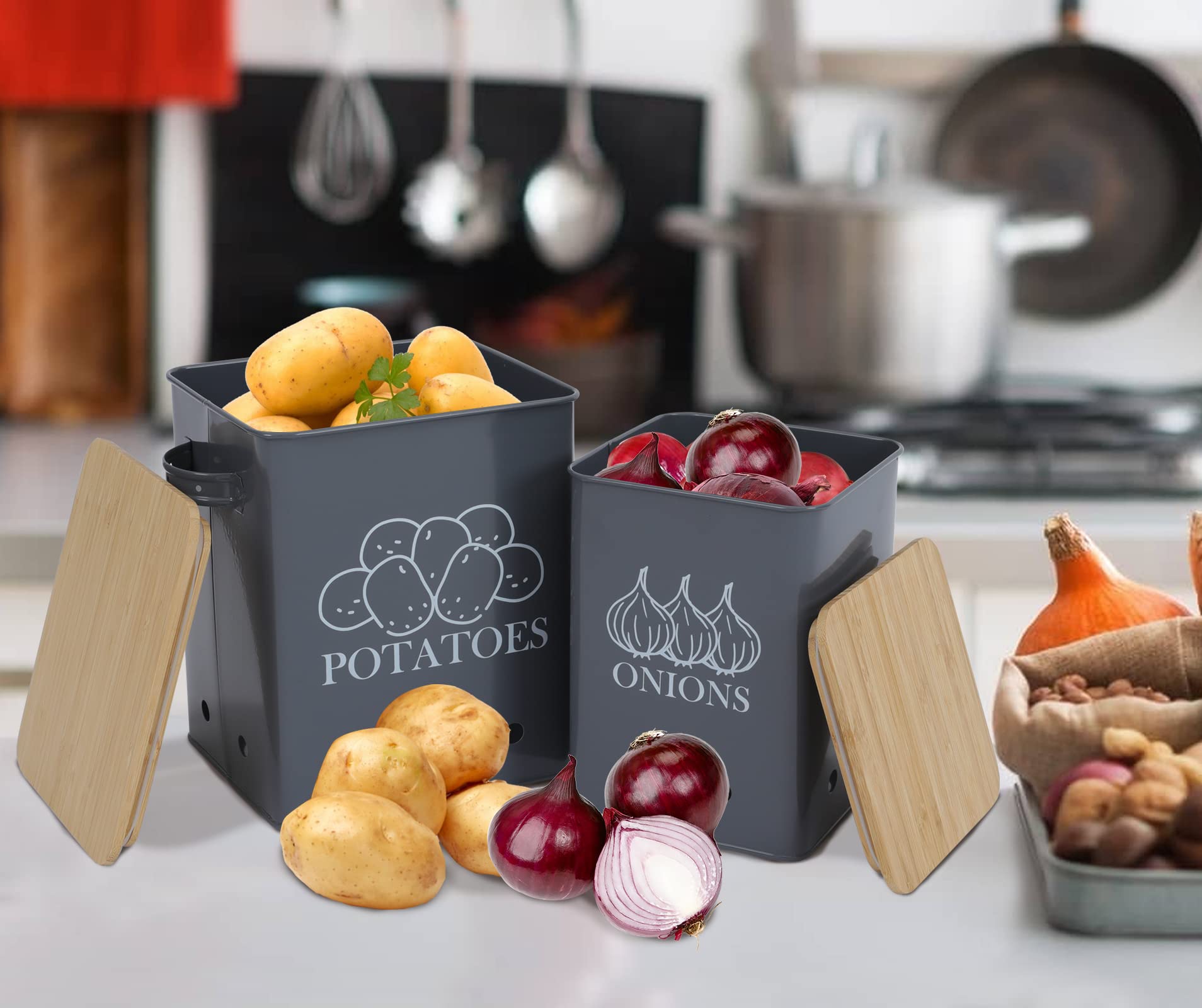 Kitchen Vegetable Storage Tins Set Of 2 For Potatoes, Onion, With Wooden Lid Garlic Bin Caddy, Long Shelf Life-Grey