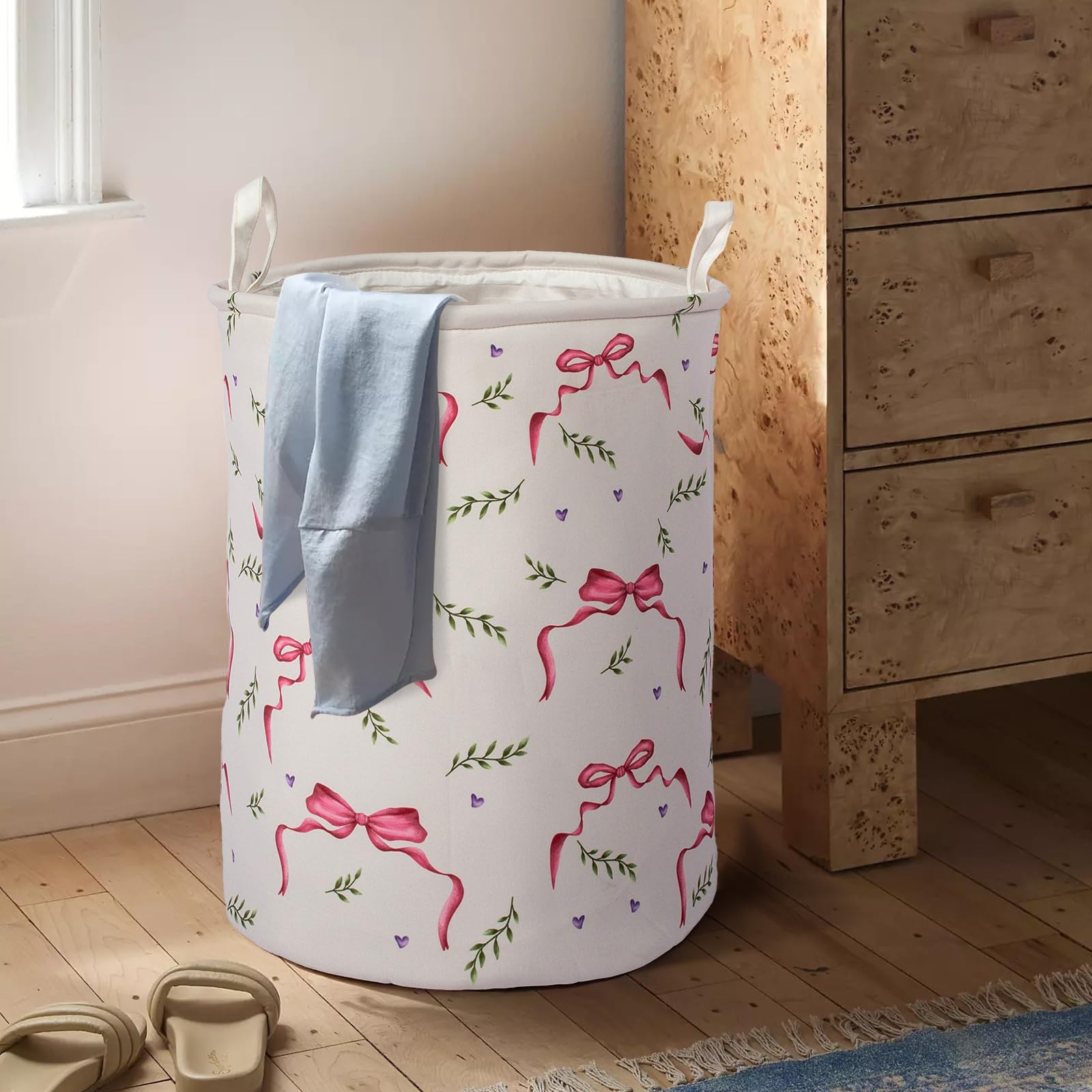 Pink Bow Laundry Basket Foldable With Handles Tote Bag Waterproof Oxford Cloth Funny Laundry Hamper Clothes Storage Bucket Toy O