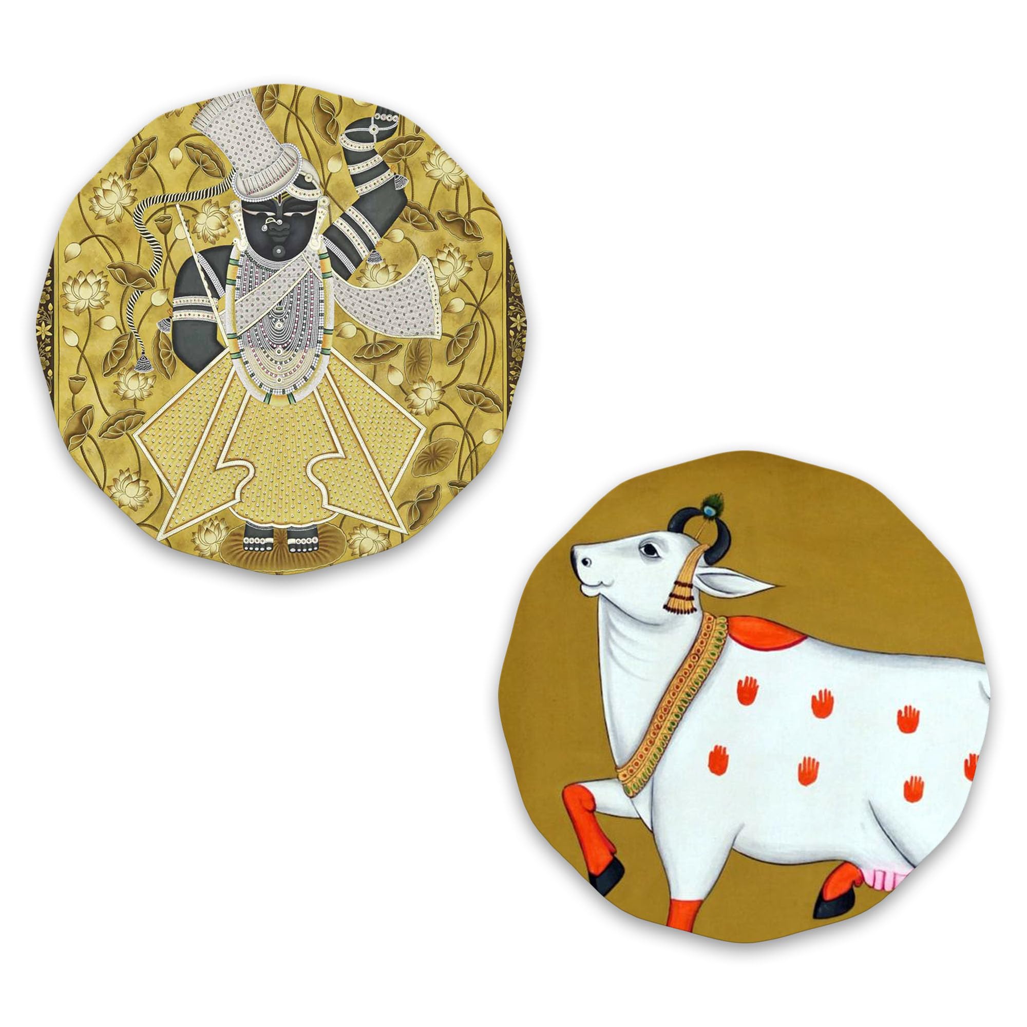 Artvibes Shrinath Ji & Cow Pichwai Art Round Shape Mdf Wooden Wall Decor Items | Living Room | Handcrafted Art | Wall Poster | A