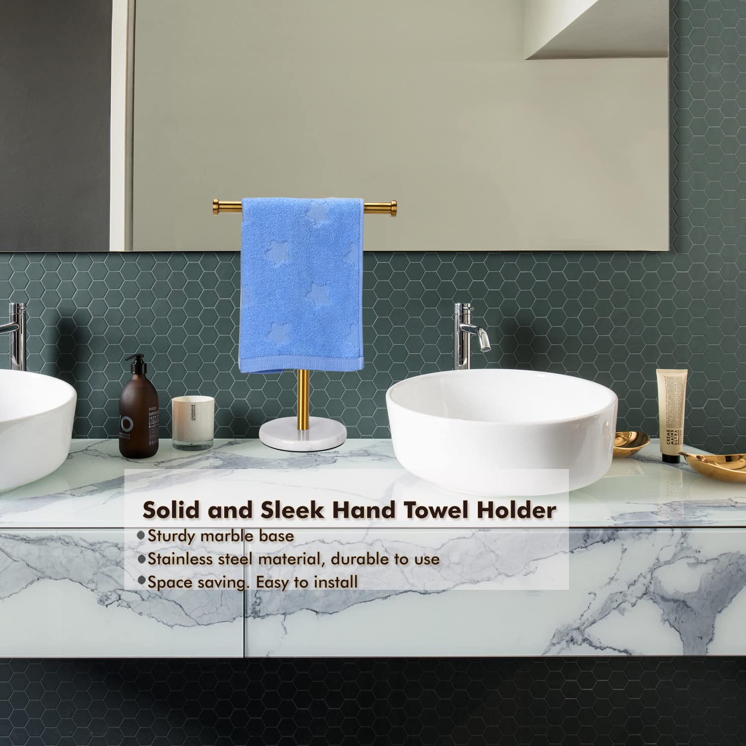Gold Hand Towel Holder Stand Countertop, Sturdy Marble Base, Hand Towel Rack For Bathroom (Gold Brushed)