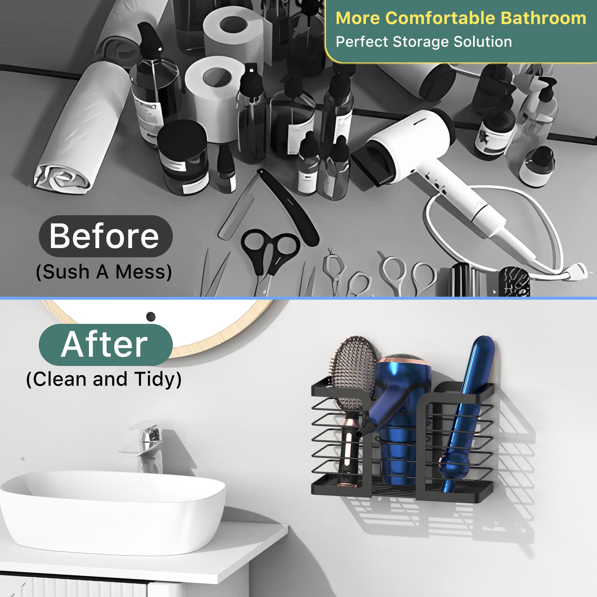 YIGII Hair Dryer Holder - Hair Tool Organizer 3-in-1 Blow Dryer Holder Adjustable Height  Bathroom Organizer Wall Mounted/Cabinet Door for Flat/Curling Irons  Hair Straighteners
