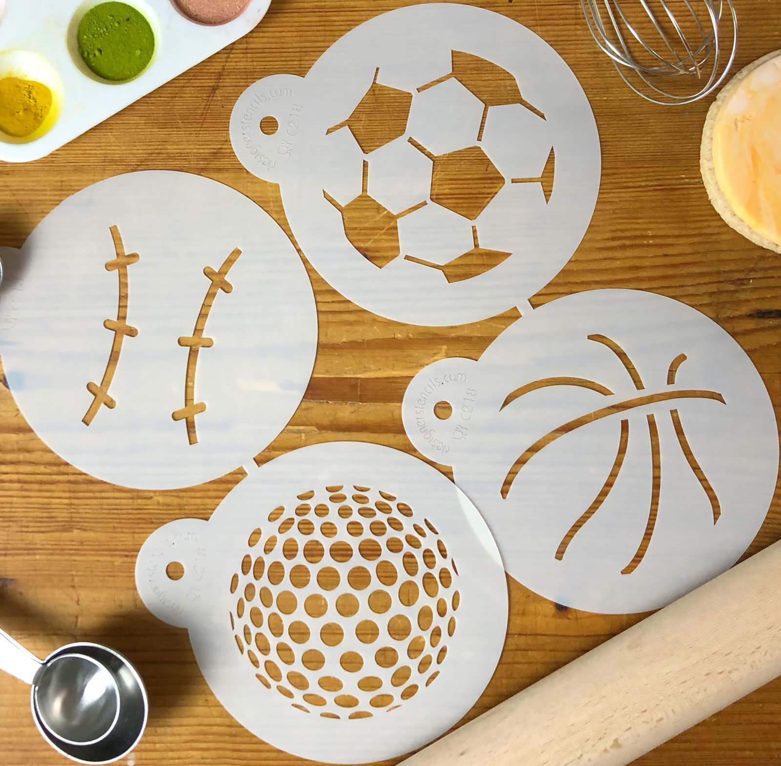 Designer Stencils Large Sports Ball Cookie Stencils (Basketball - Golf - Soccer - Baseball) , Beige/Semi-Transparent