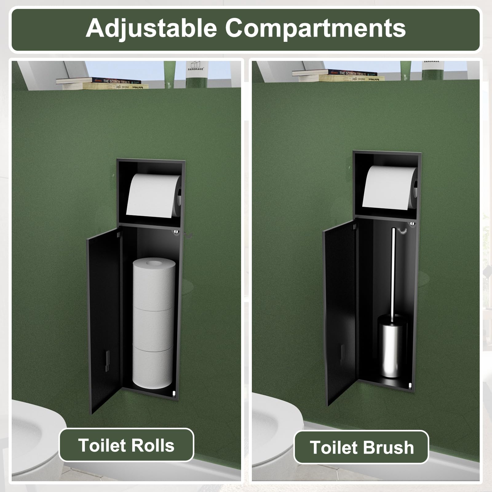 Baronage Black Recessed Toilet Paper Holder With Toilet Brush, 24 Inch Toilet Paper Niche Over-Mounted Wall Bathroom Storage 304