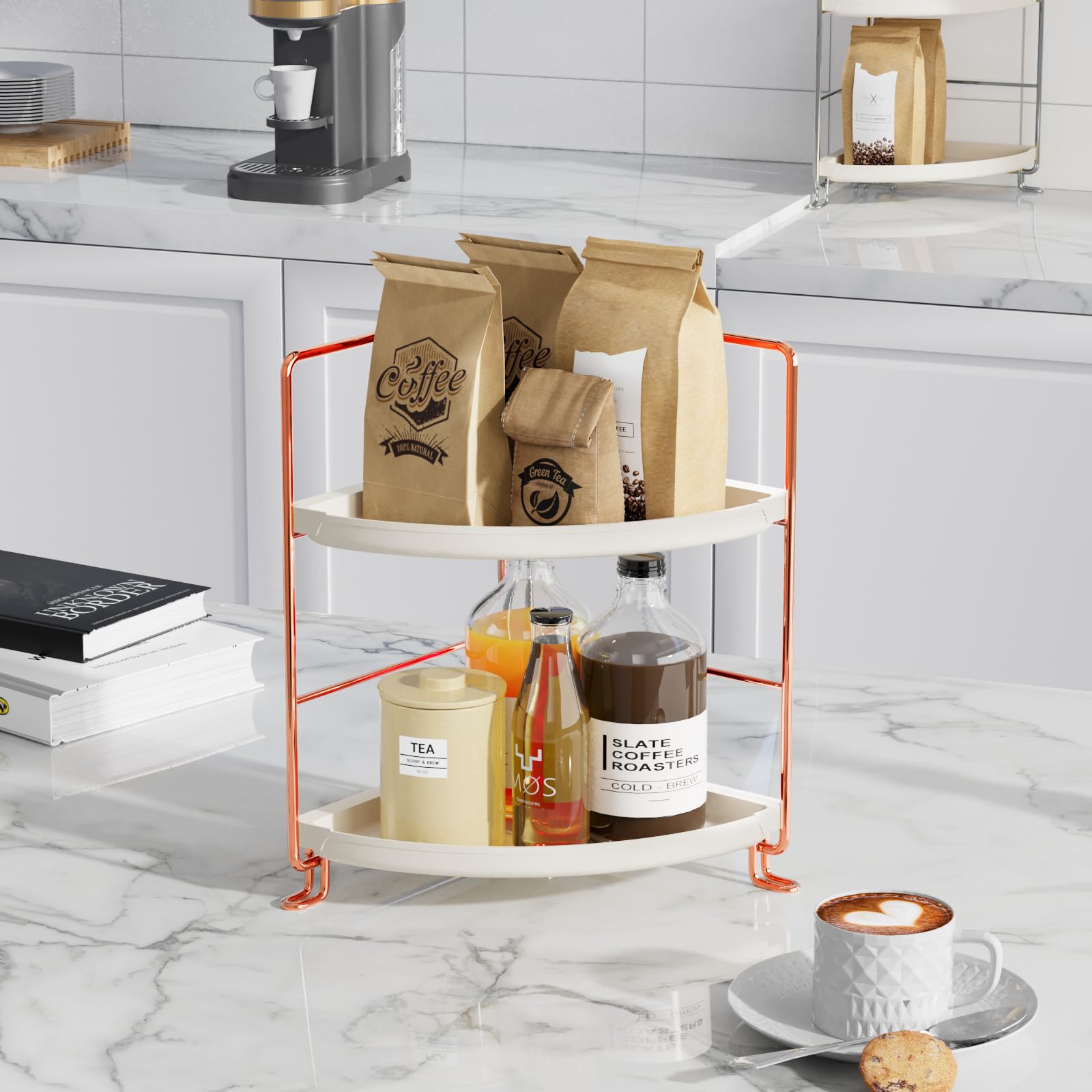 Fsyueyun 2-Tier Corner Bathroom Counter Organizer, Tool-Less Installation Vanity Shelf Small Plastics Countertop Makeup Tray Ski
