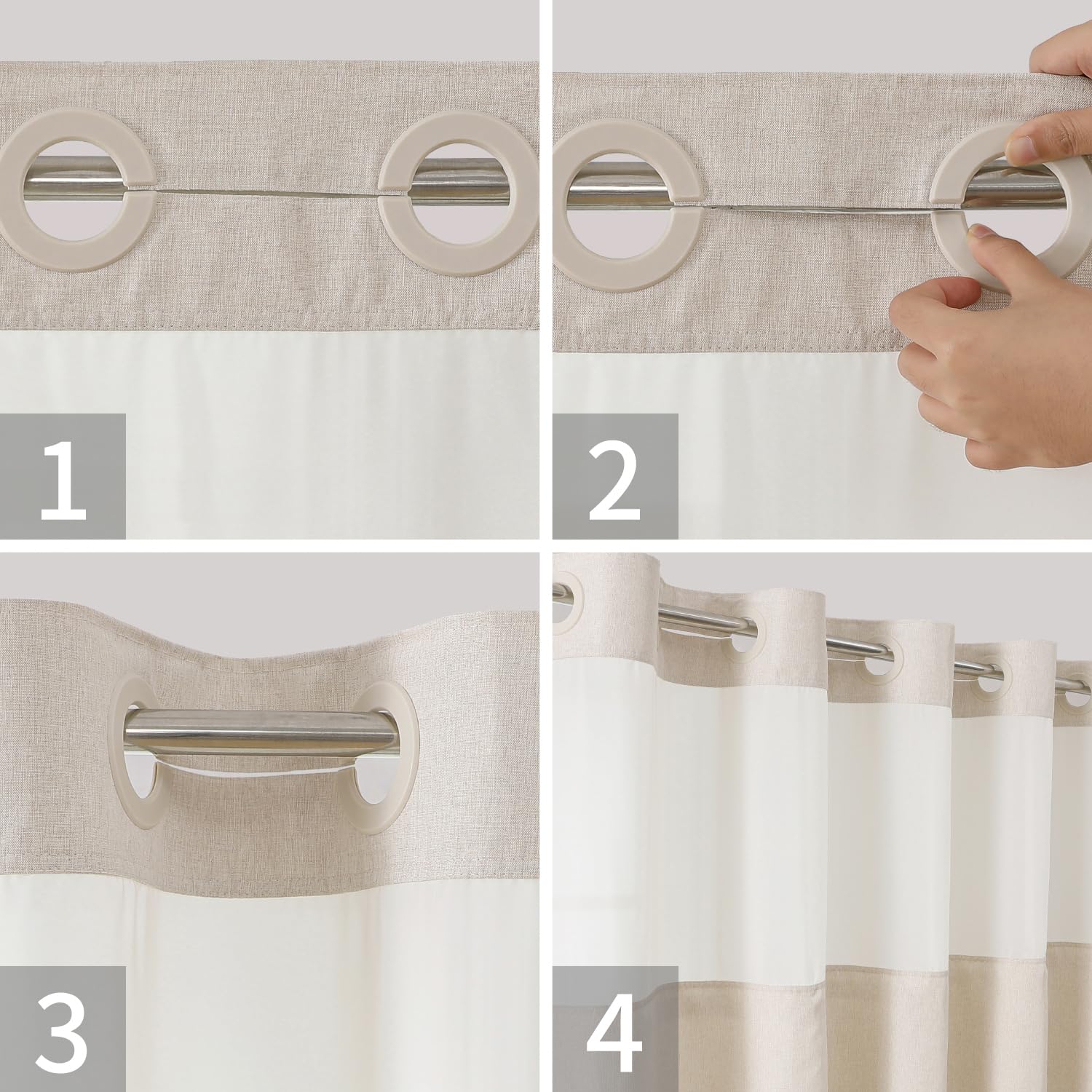 Eachope Extra Long No Hooks Needed Linen Textured Shower Curtain With Snap-In Fabric Liner Set,Cream Hotel Luxury Decor Shower C