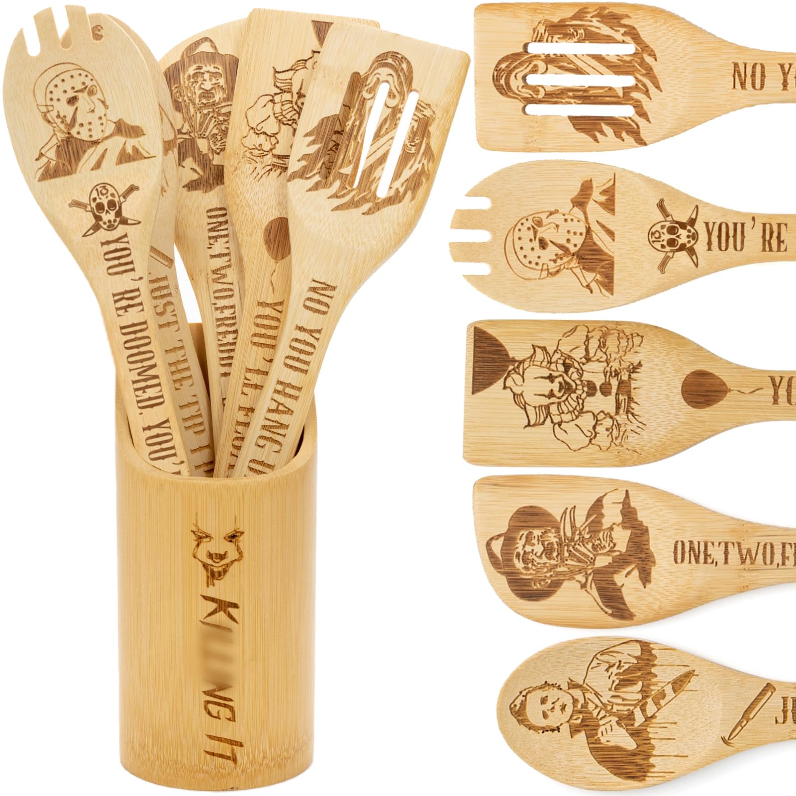 6Pcs Horror Movie Character Cooking Gift Set Wooden Spoons Utensils With Matching Holder - Halloween Movie Merchandise Laser Eng