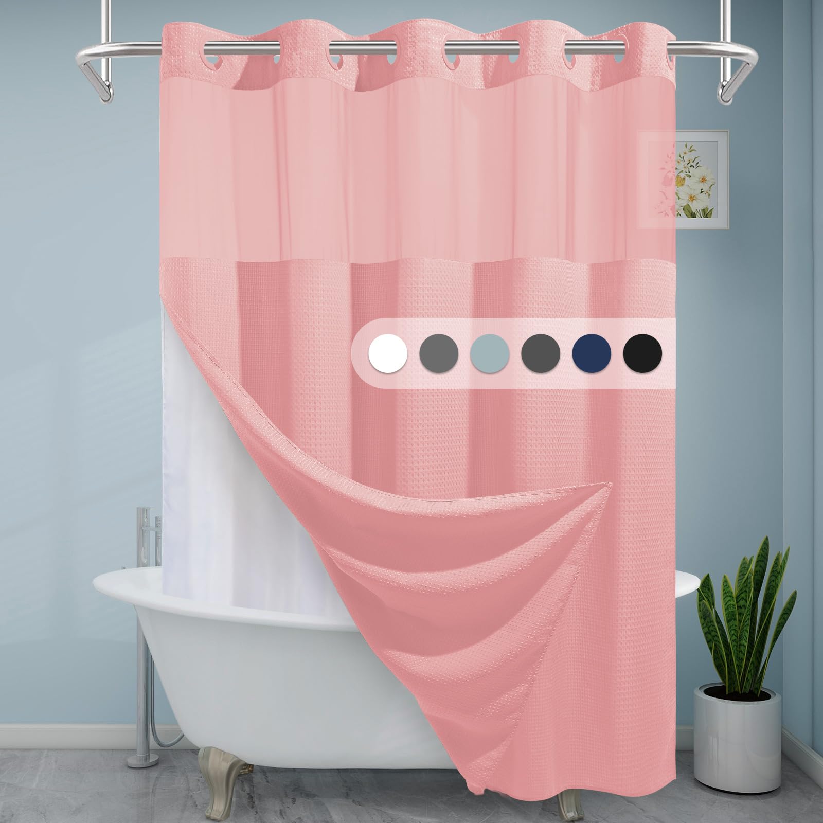 Eutxl Pink Shower Curtain With Liner - 230Gsm Waffle Textured Heavy Duty Shower Curtains For Bathroom,71W X 74H