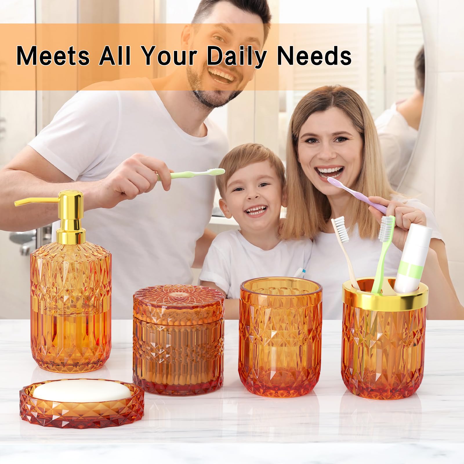 Orange Bathroom Accessories Set, 5 Pcs Glass Bathroom Accessories With Lotion Soap Dispenser, Soap Dish, Toothbrush Holder, Tumb