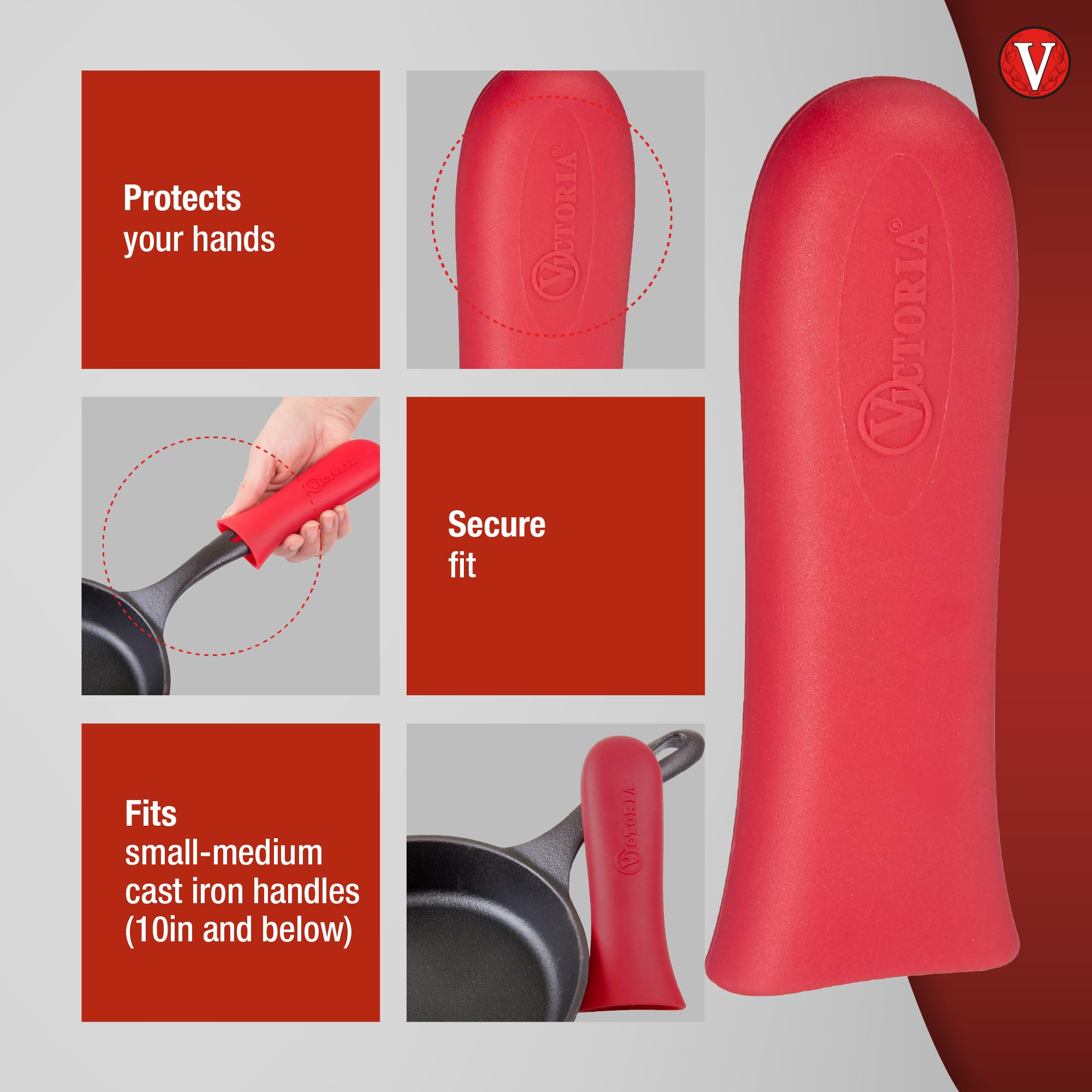 Victoria Silicone Handle Cover, Custom-Made Handle Sleeve For 6.5 And 8 Inch Victoria Cast Iron Skillets, Small, Red