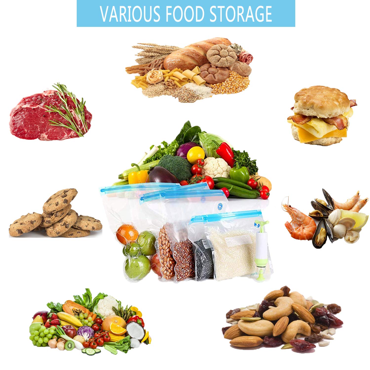 Reusable Sous Vide Bags 3 Sizes - 20 Pack With Hand Pump, Sealing Clips For Sous Vide Cooking And Food Storage (Blue Kit)