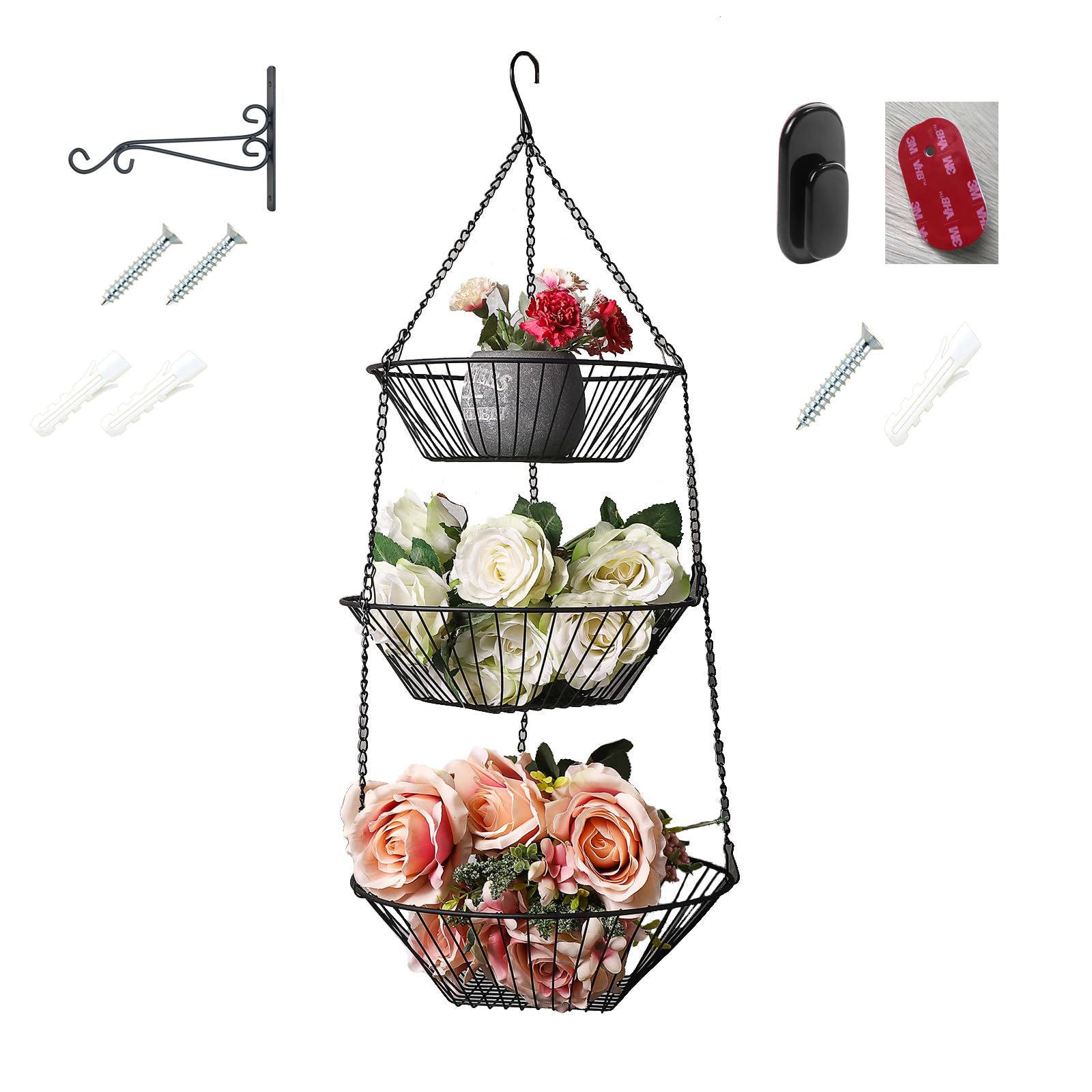 JUNCHU CHERRY 3Tier Wire Fruit Hanging Basket, Kitchen Bathroom Storage Organization Basket, 3M Seamless Sticker and S Wall Hoo