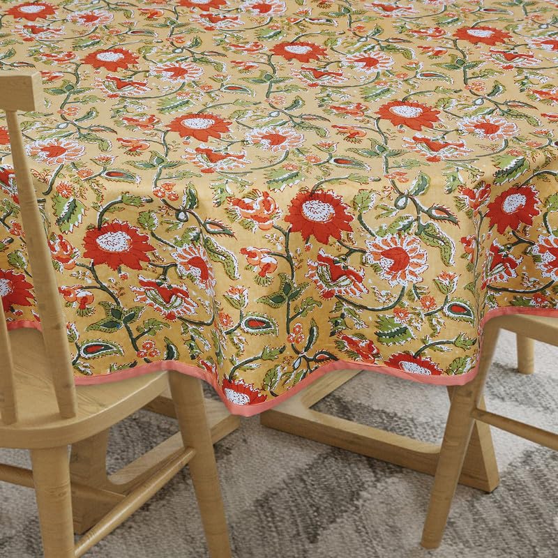 Texstylers Cotton Dining Table Cover for 4 Seater, Table Cloth with Floral Design, 4 Seater Cotton Table Cover (Orange, 4 Seater