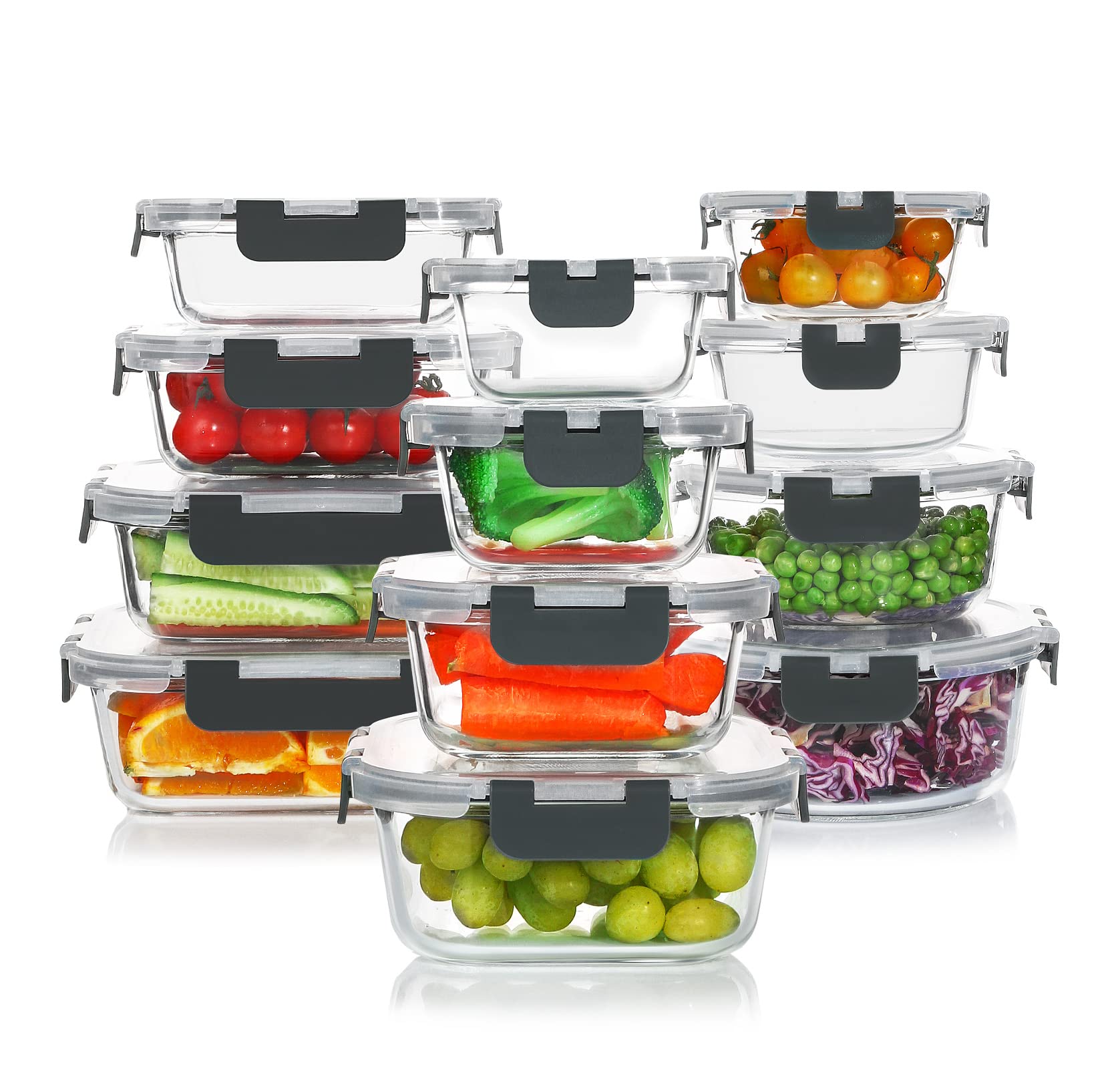 Komuee 24 Pieces Glass Food Storage Containers Set,Glass Meal Prep Set With Lids-Stackable Airtight Lids,Bpa Free,Freezer To Ove