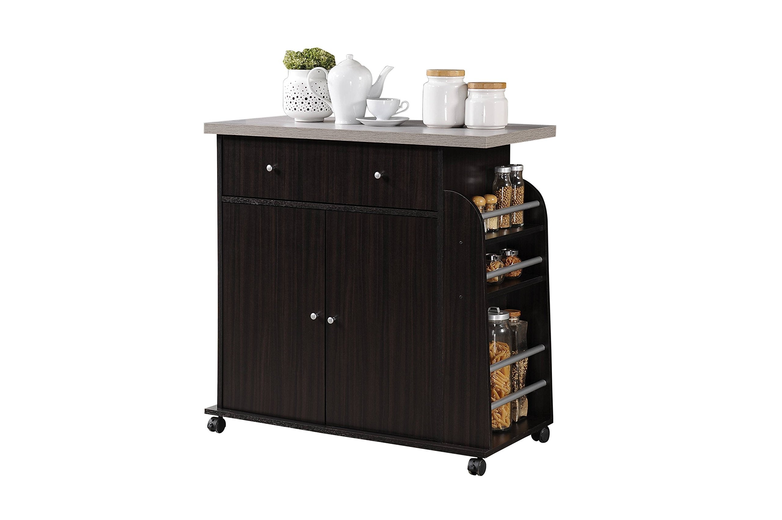Hodedah Kitchen Cart with Spice Rack in Chocolate