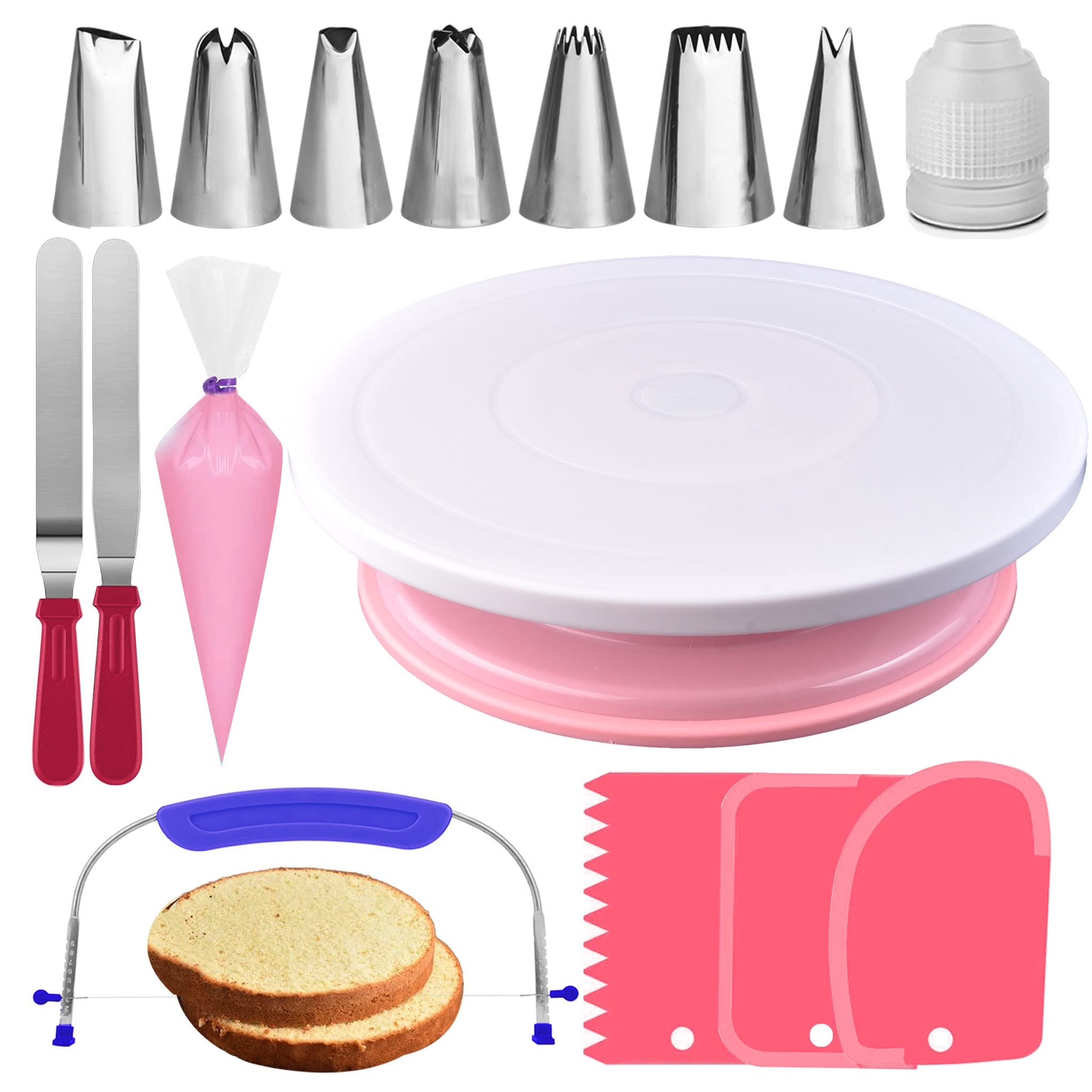 Rfaqk 35Pcs Cake Turntable And Leveler-Rotating Cake Stand With Non Slip Pad-7 Icing Tips And 20 Bags- Straight & Offset Spatula