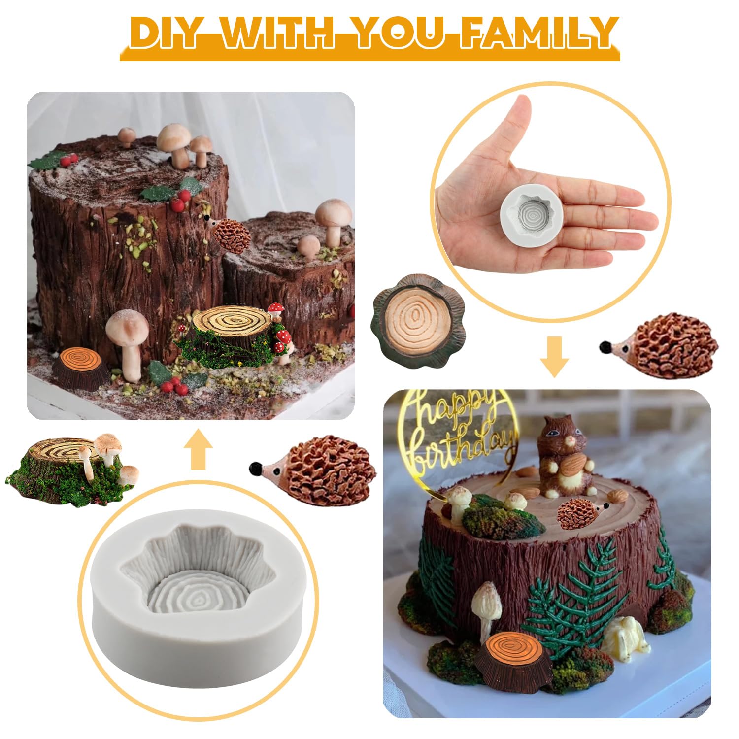 Mypracs Tree Stump Cake Fondant Mold Squirrel Silicone Mold For Cake Decorating Cupcake Topper Chocolate Gum Paste Polymer Clay