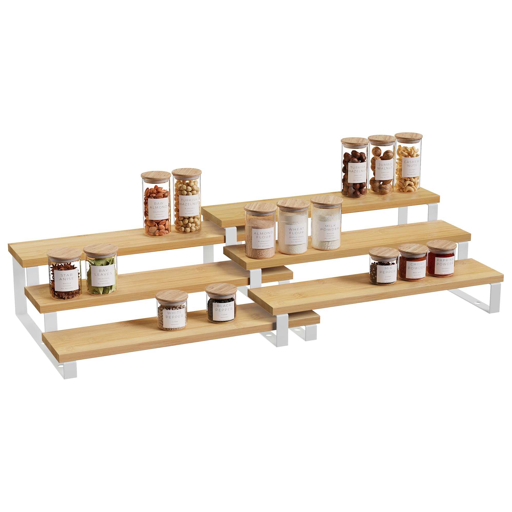 SONGMICS Spice Rack, Set of 2 Bamboo Expandable Display Shelf, 3 Tier Spice organization for cabinet, Tiered shelf organizer for