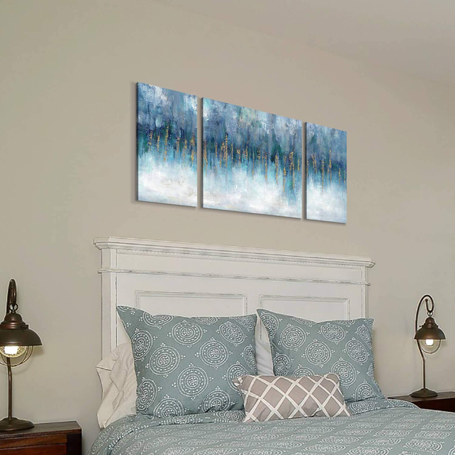 Modern Picture Abstract Canvas Artwork:Blue & White Wall Art On Canvas Painting For Office (24'' X 24'' X 1 Panel + 24'' X 12''
