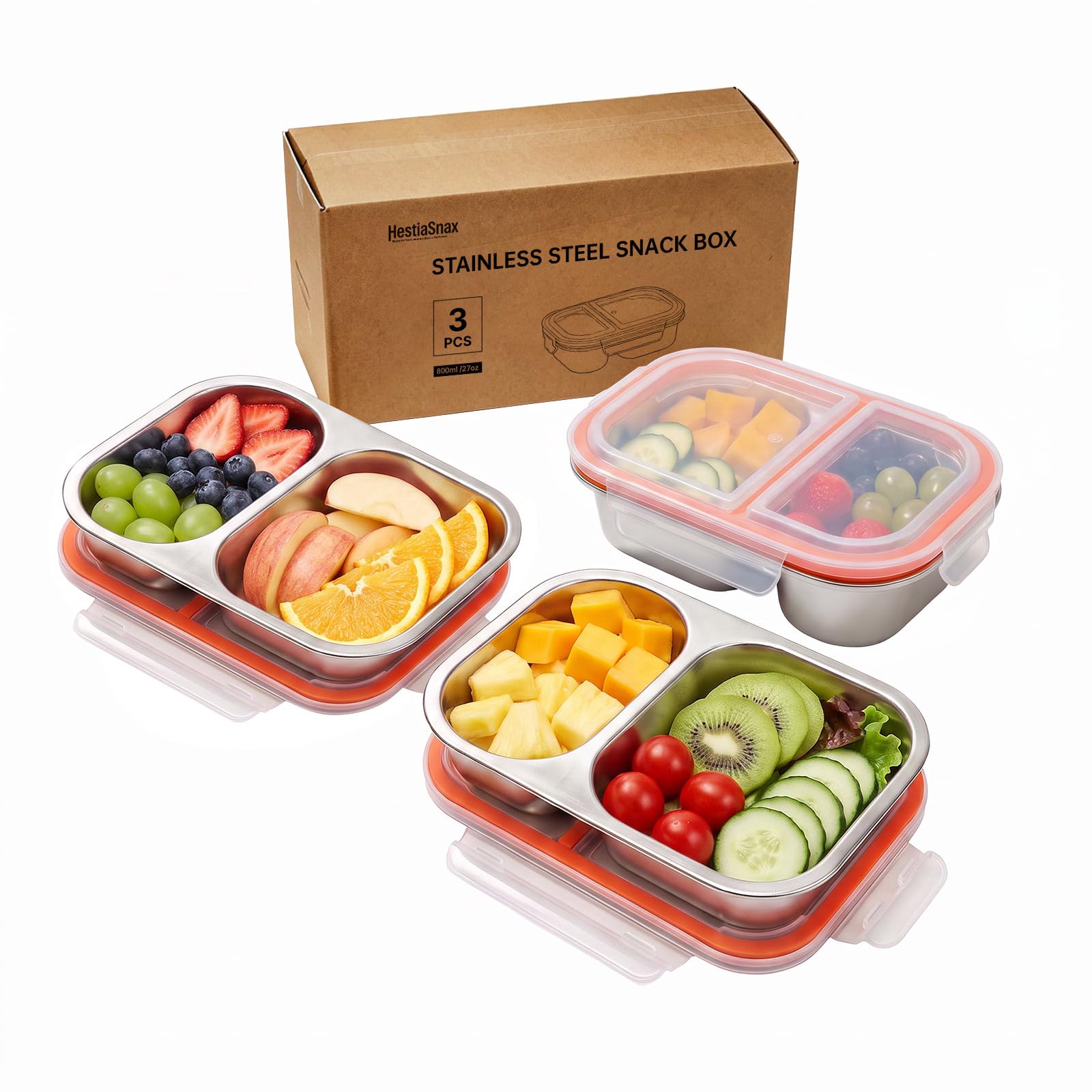 HestiaSnax Stainless Steel Snack Container, 3Pack 2Compartment Portable Containers with Lids, Suitable for Travel, Camping, An